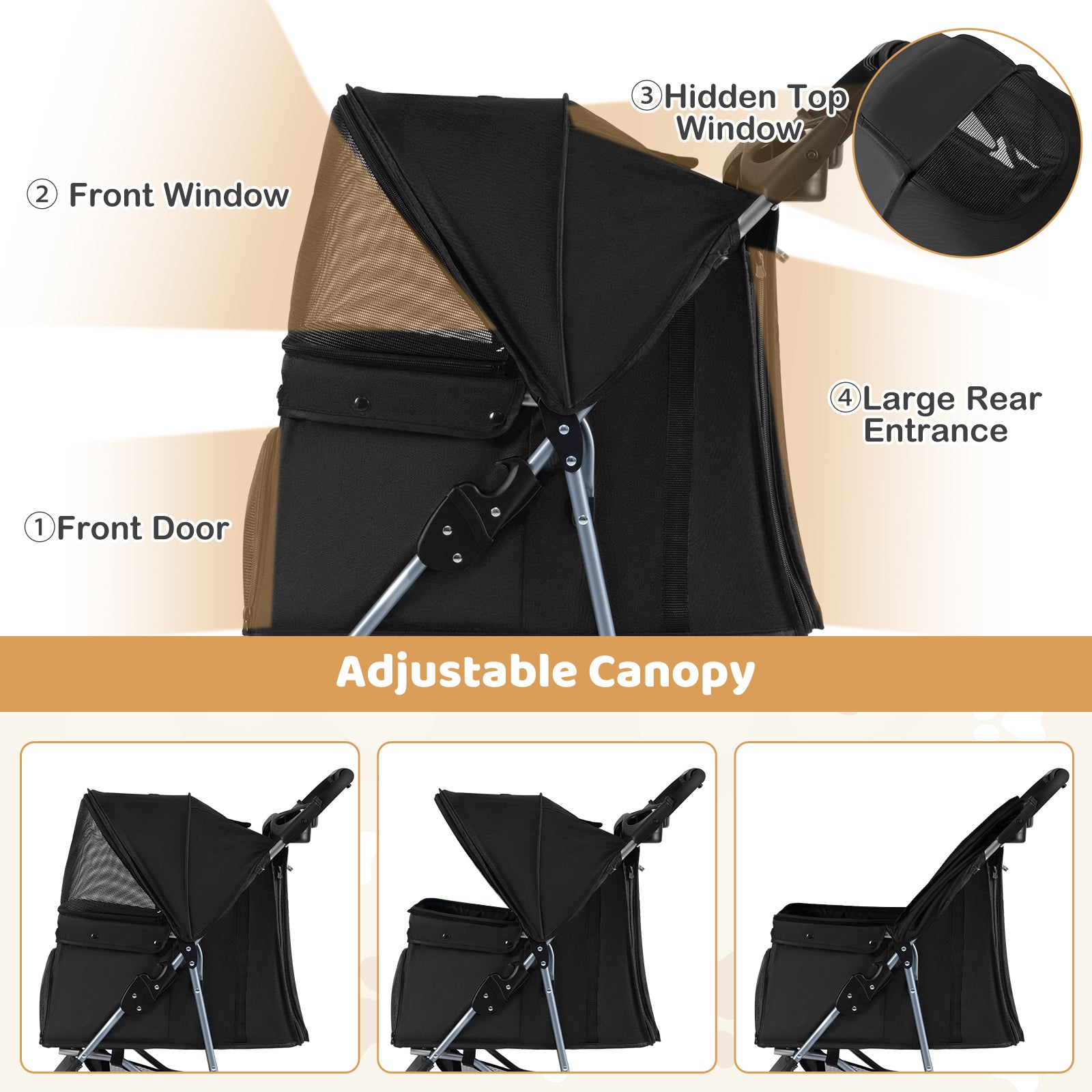 Pet Stroller with Adjustable Canopy and 3 Shock-absorbing Wheels-Black