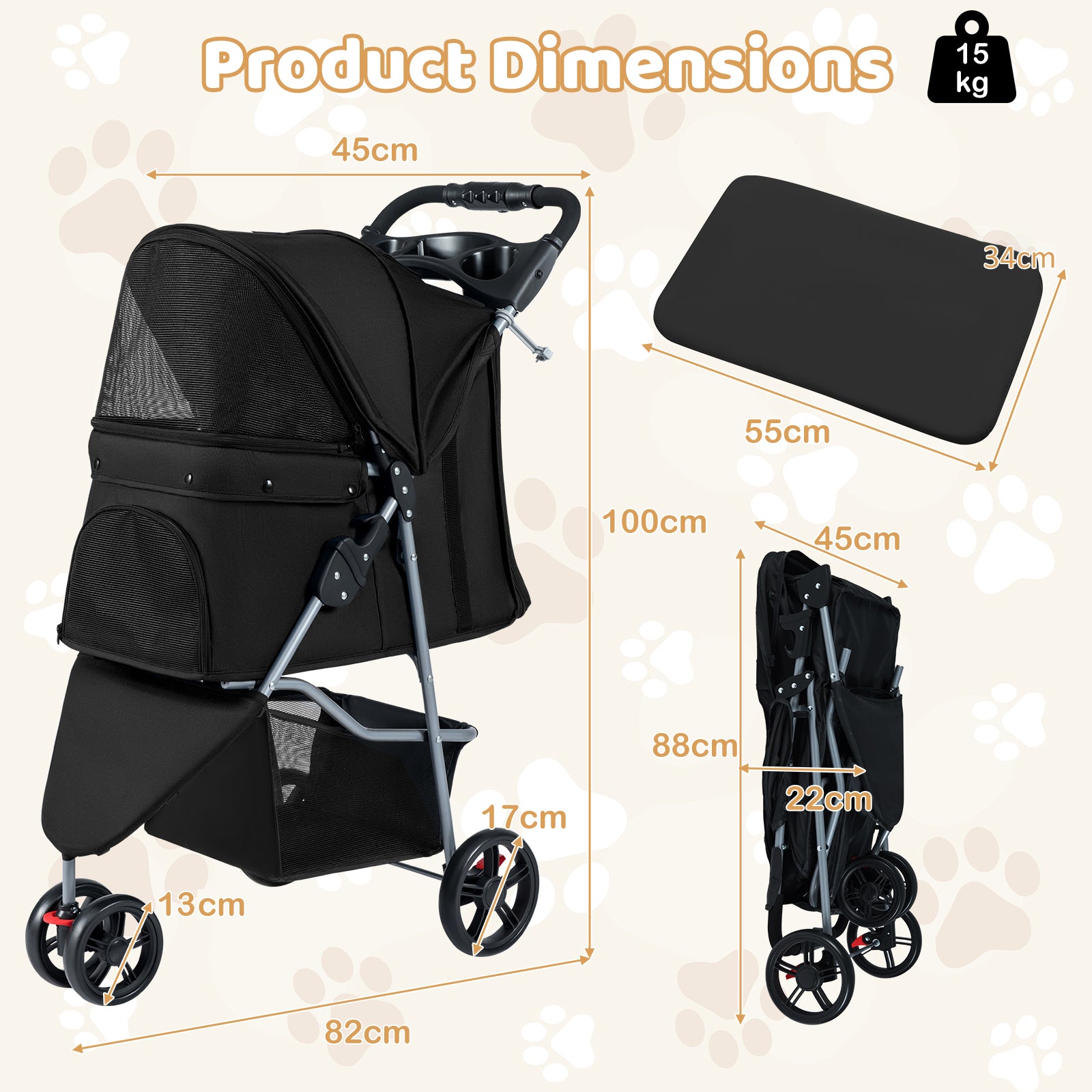 Pet Stroller with Adjustable Canopy and 3 Shock-absorbing Wheels-Black