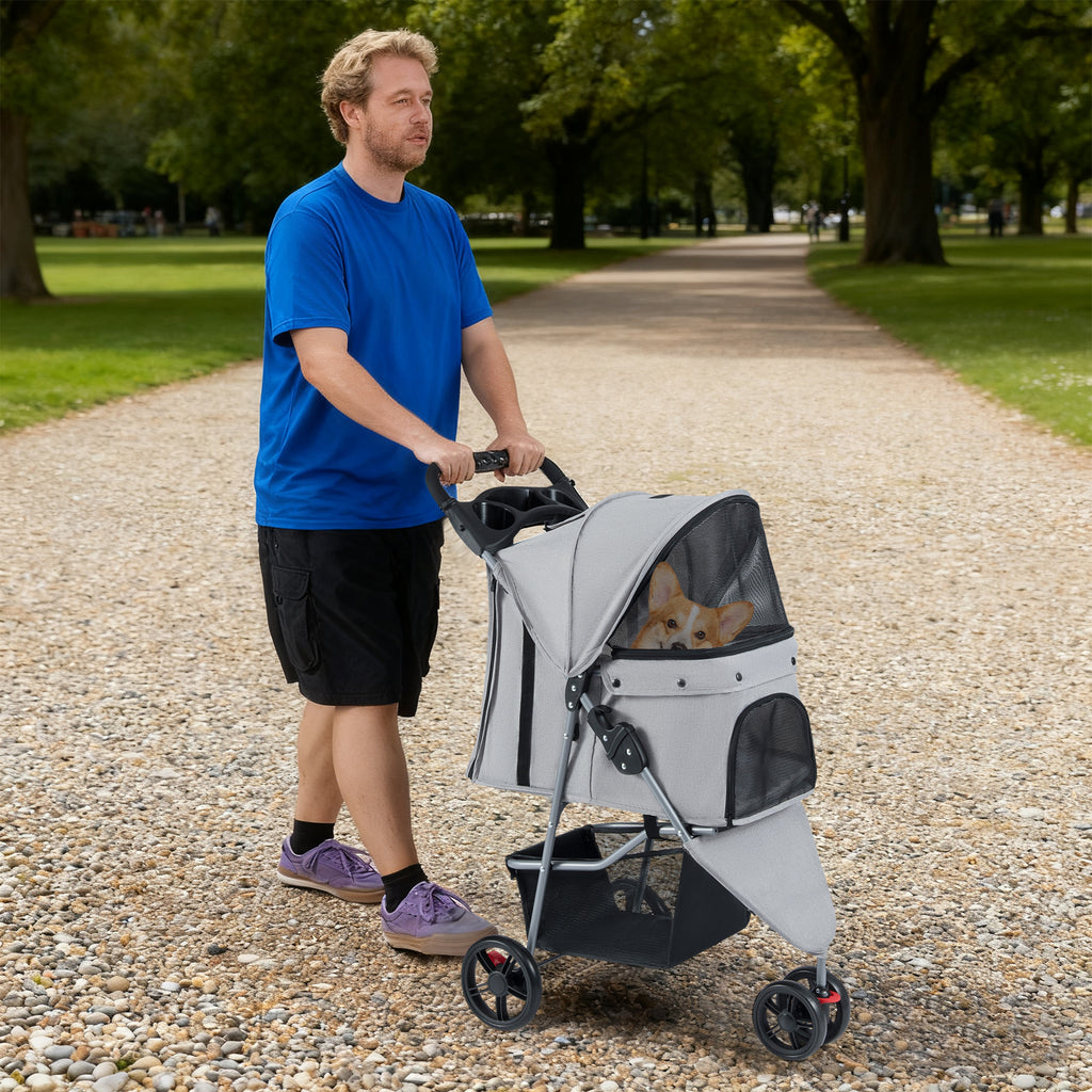 Pet Stroller with Adjustable Canopy and 3 Shock-absorbing Wheels-Grey