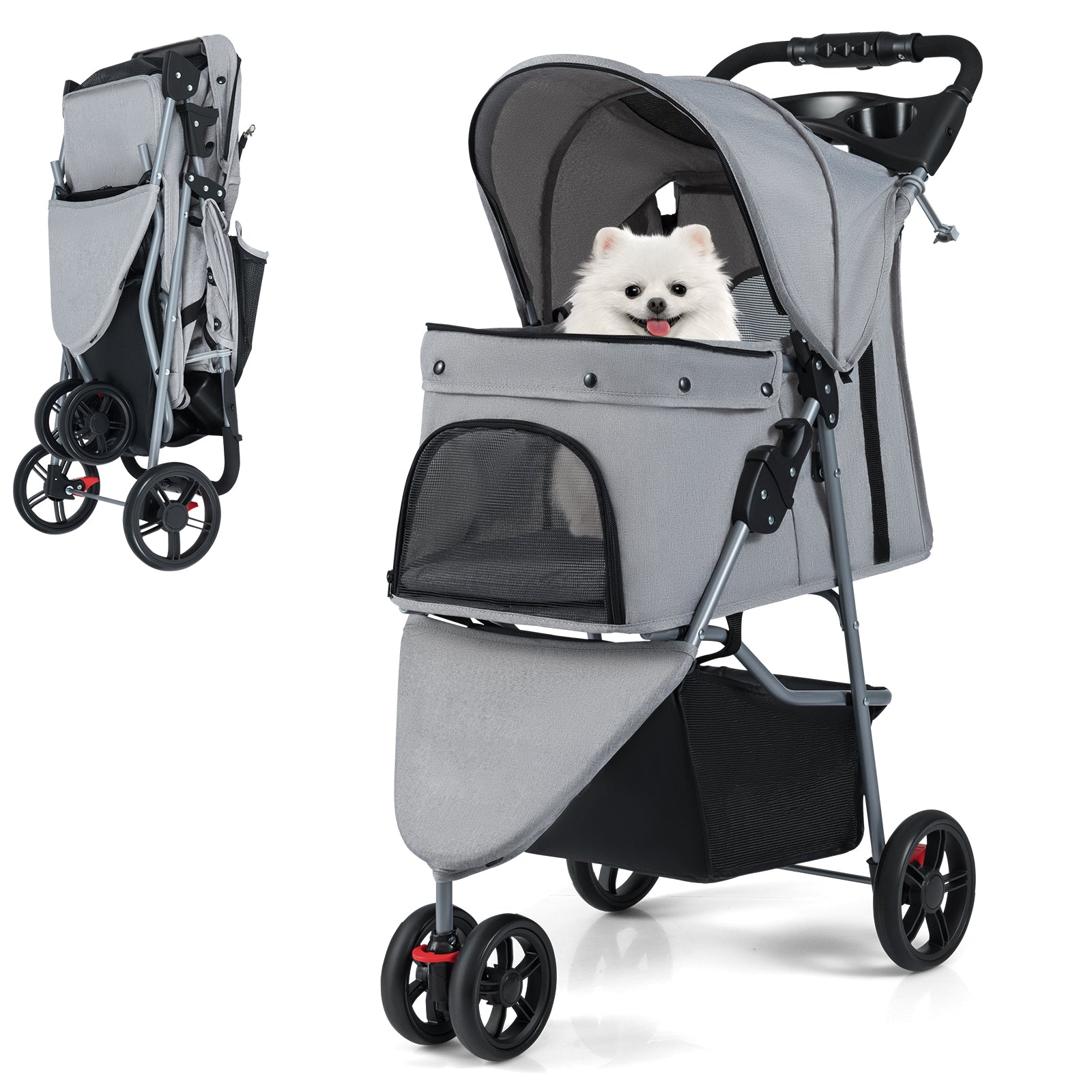 Pet Stroller with Adjustable Canopy and 3 Shock-absorbing Wheels-Grey
