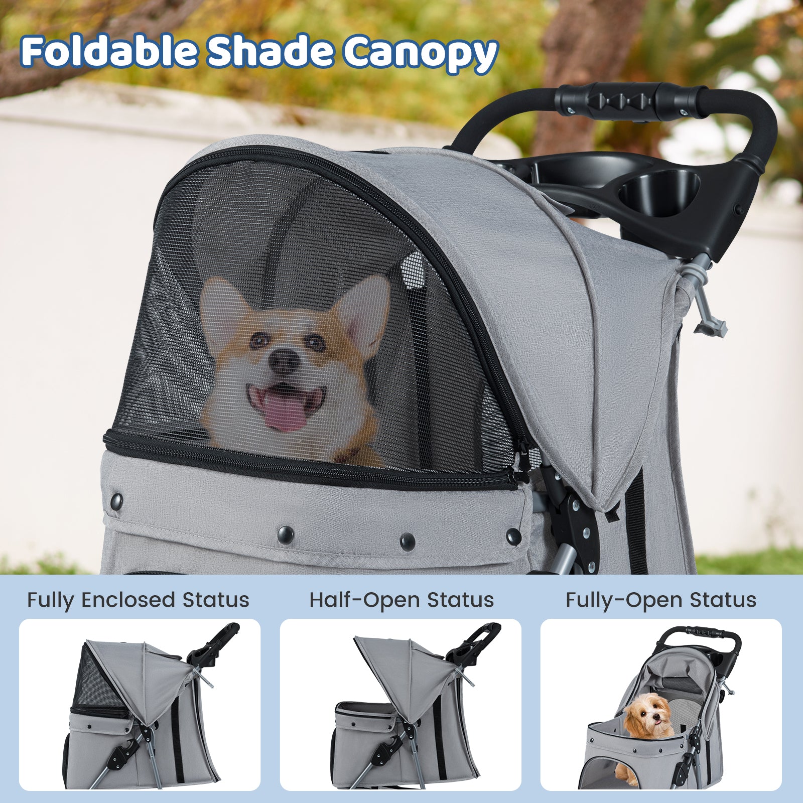 Pet Stroller with Adjustable Canopy and 3 Shock-absorbing Wheels-Grey