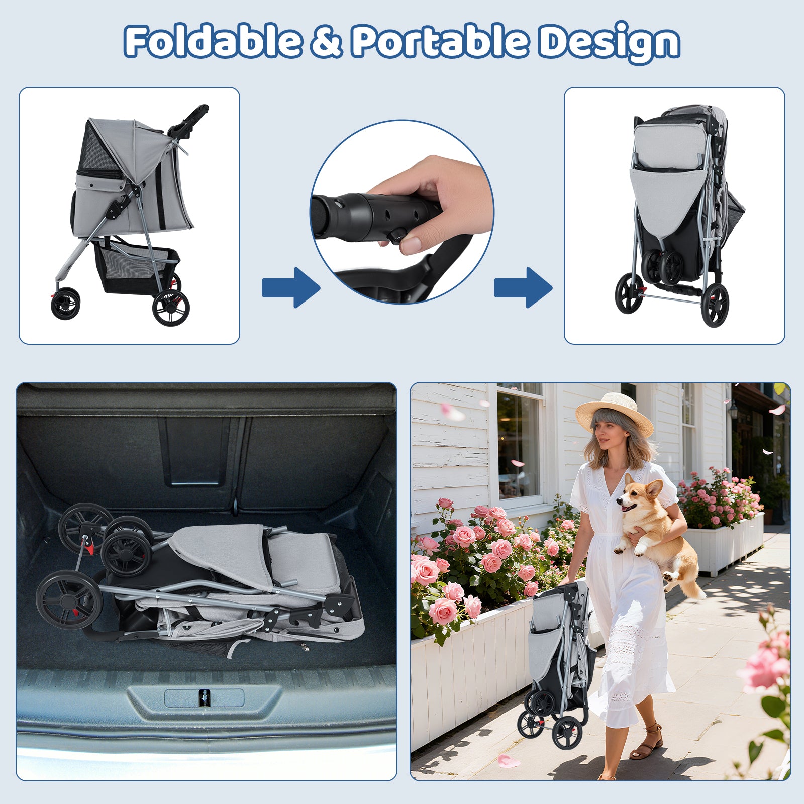 Pet Stroller with Adjustable Canopy and 3 Shock-absorbing Wheels-Grey
