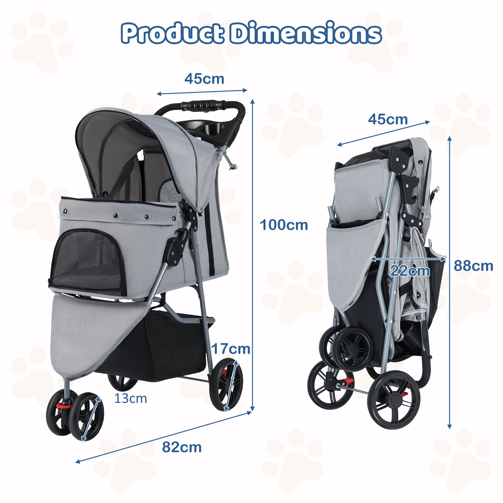Pet Stroller with Adjustable Canopy and 3 Shock-absorbing Wheels-Grey