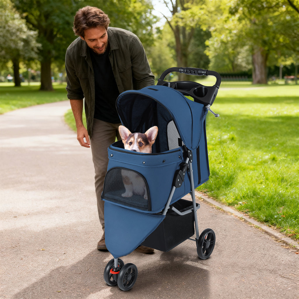 Pet Stroller with Adjustable Canopy and 3 Shock-absorbing Wheels-Navy