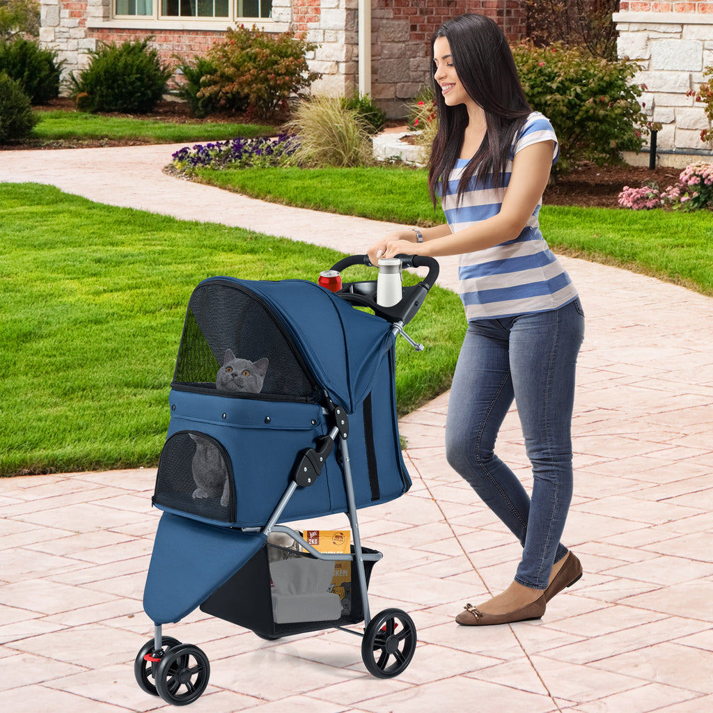 Pet Stroller with Adjustable Canopy and 3 Shock-absorbing Wheels-Navy