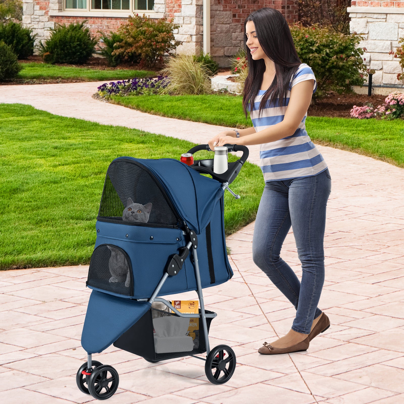 Pet Stroller with Adjustable Canopy and 3 Shock-absorbing Wheels-Navy