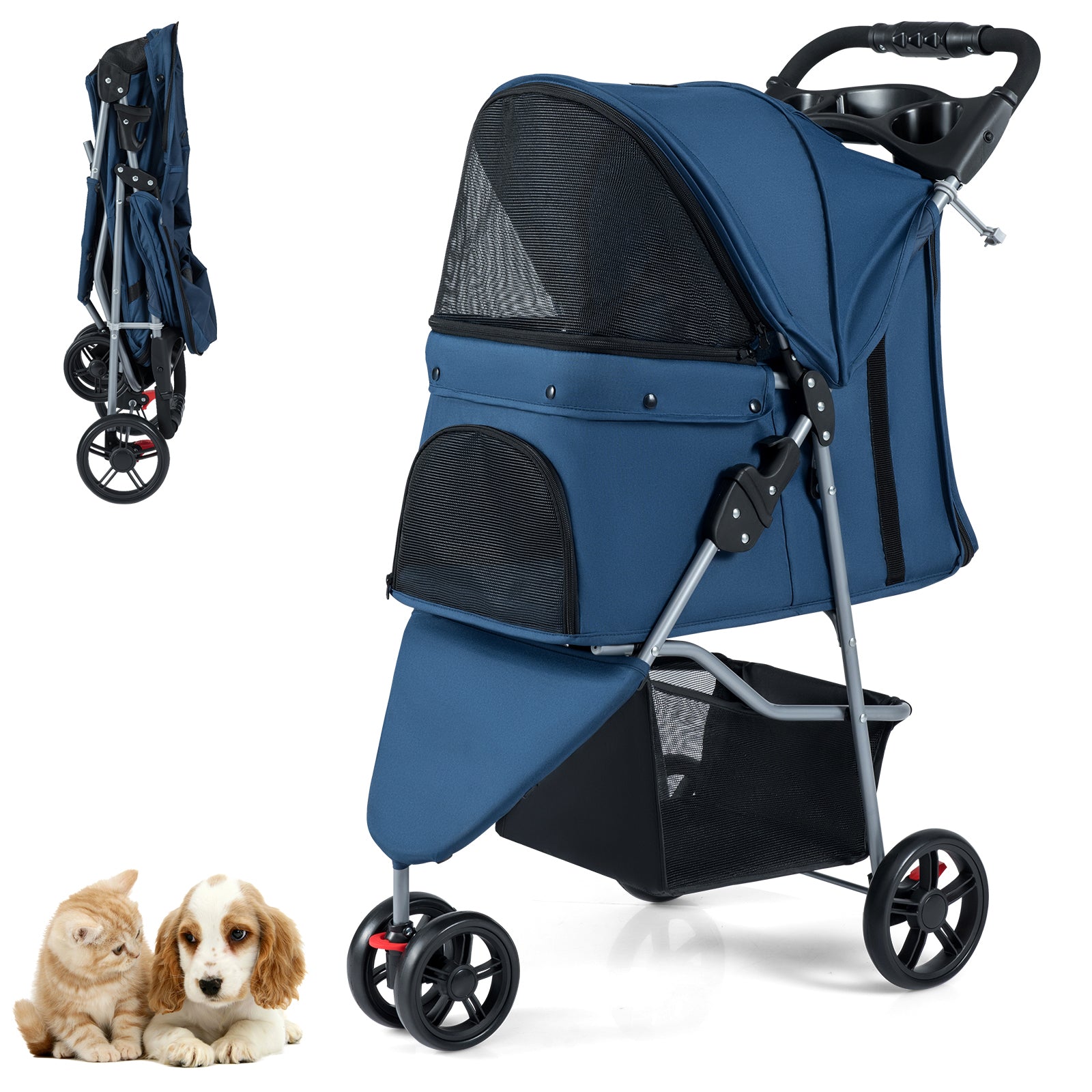 Pet Stroller with Adjustable Canopy and 3 Shock-absorbing Wheels-Navy