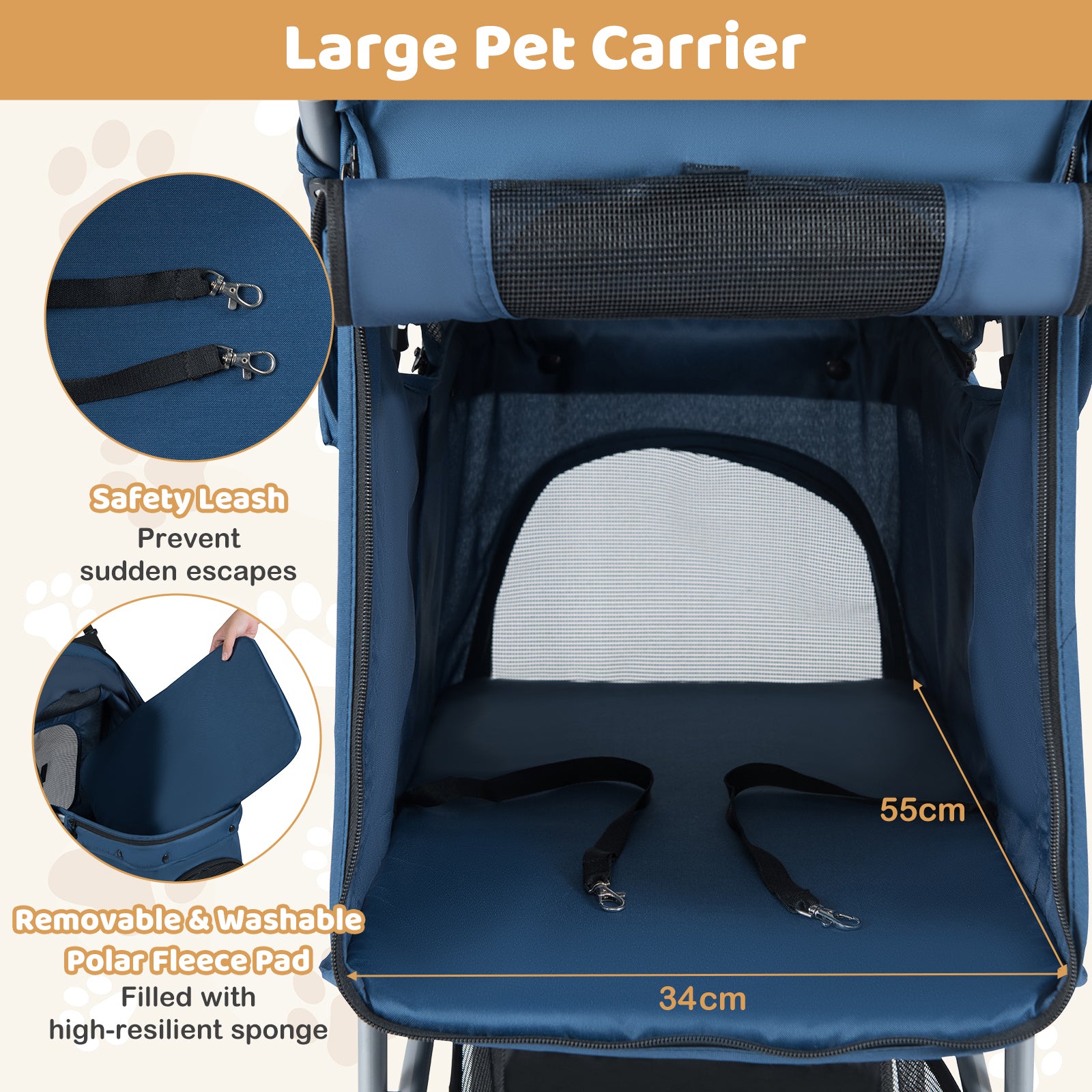 Pet Stroller with Adjustable Canopy and 3 Shock-absorbing Wheels-Navy