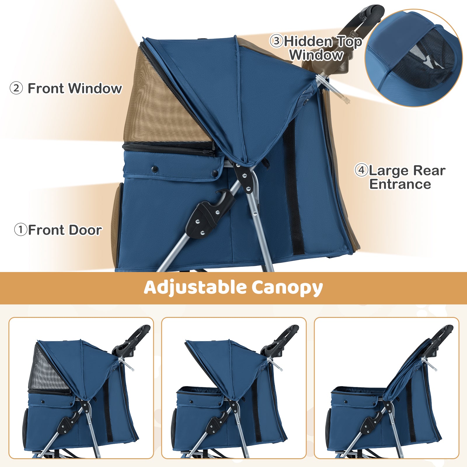 Pet Stroller with Adjustable Canopy and 3 Shock-absorbing Wheels-Navy
