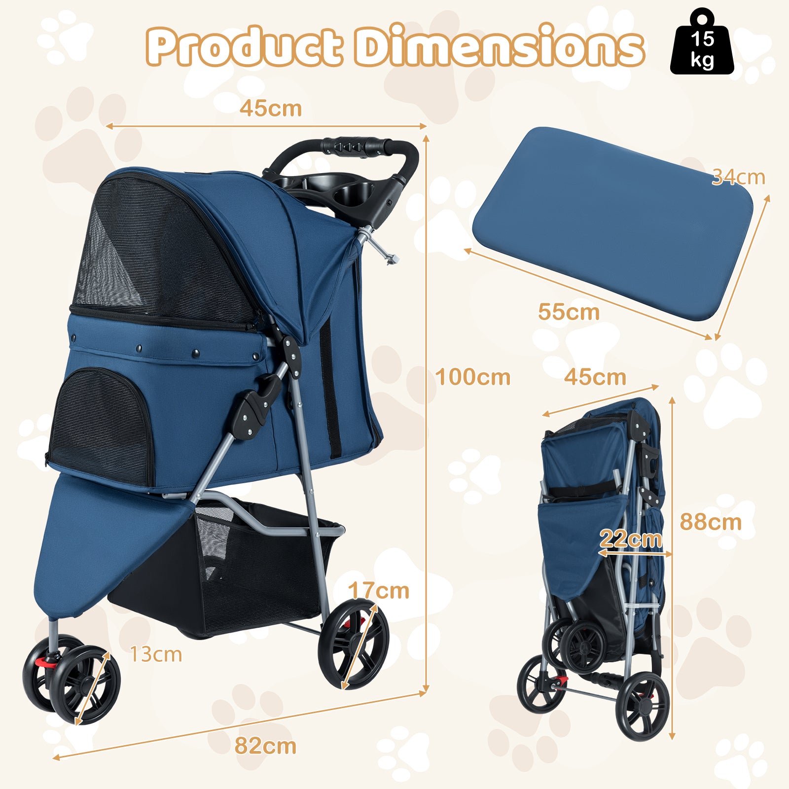 Pet Stroller with Adjustable Canopy and 3 Shock-absorbing Wheels-Navy