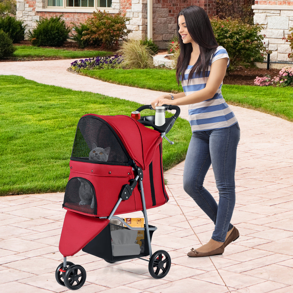 Pet Stroller with Adjustable Canopy and 3 Shock-absorbing Wheels-Red