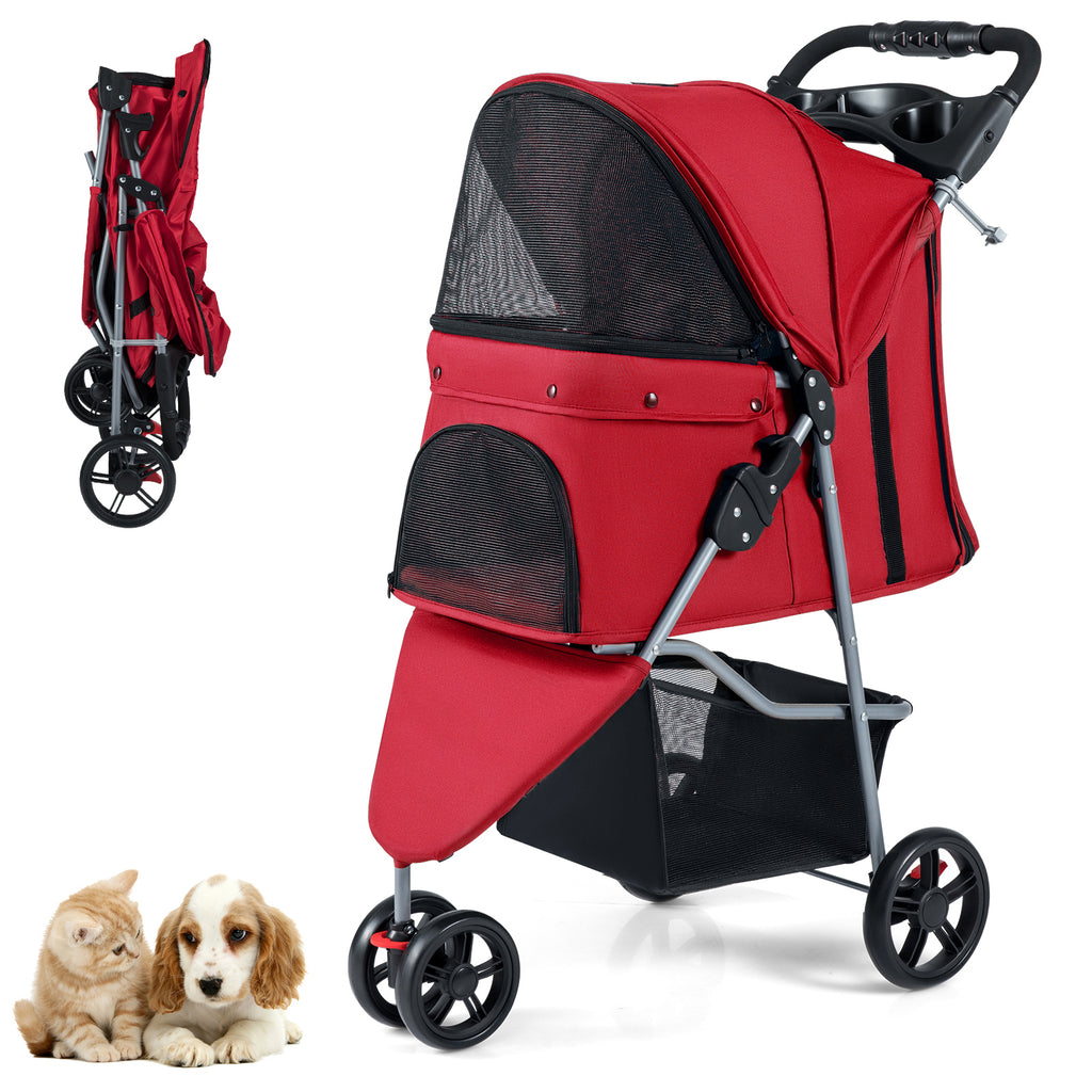 Pet Stroller with Adjustable Canopy and 3 Shock-absorbing Wheels-Red