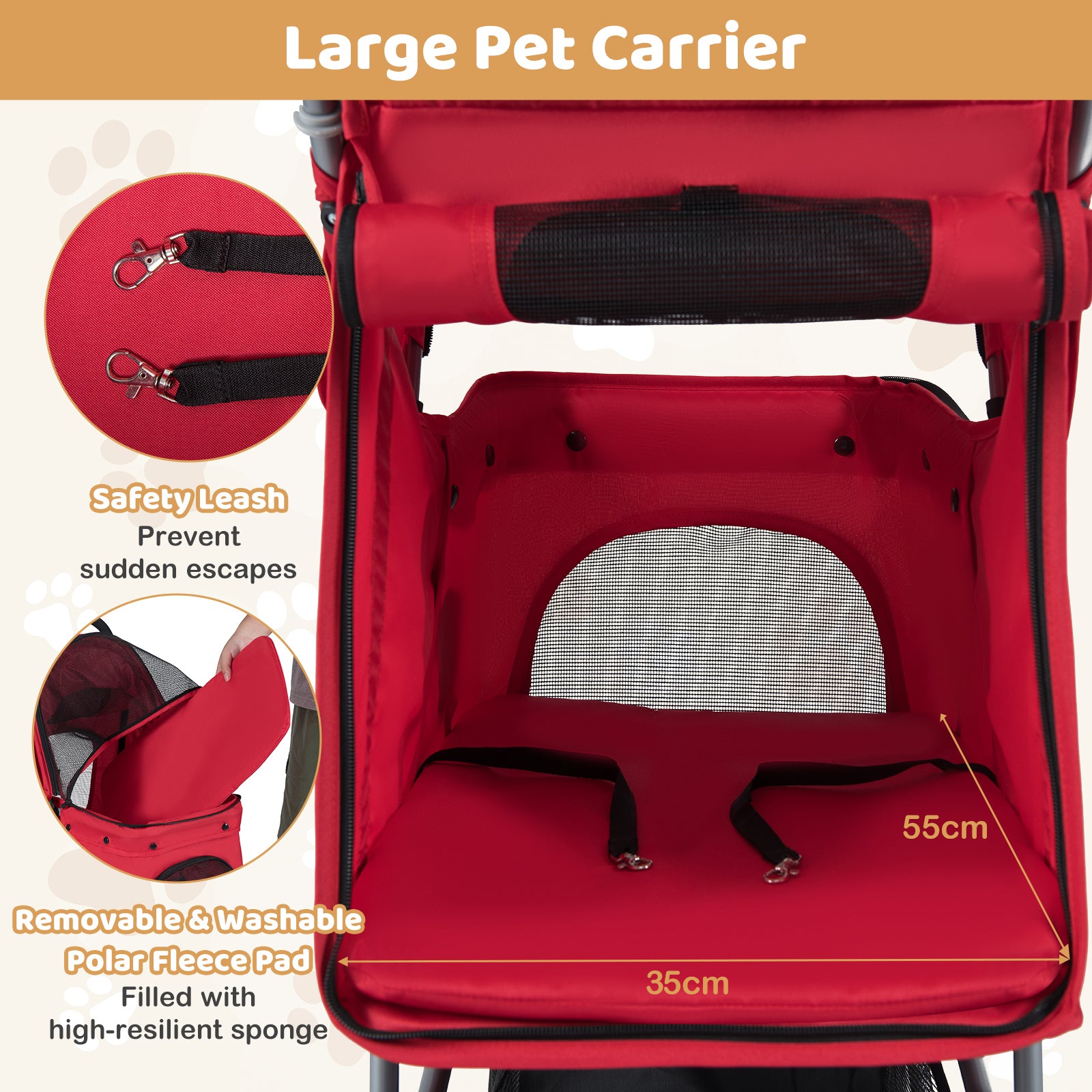 Pet Stroller with Adjustable Canopy and 3 Shock-absorbing Wheels-Red