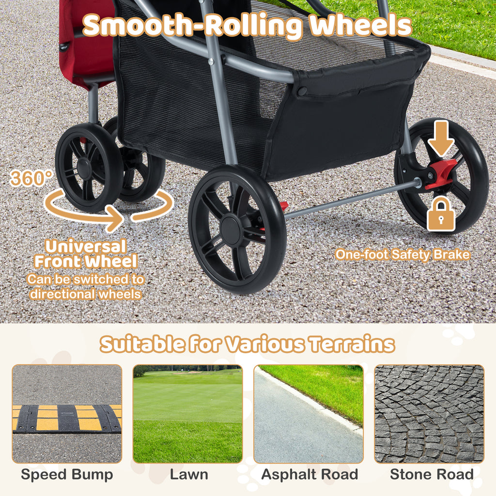Pet Stroller with Adjustable Canopy and 3 Shock-absorbing Wheels-Red