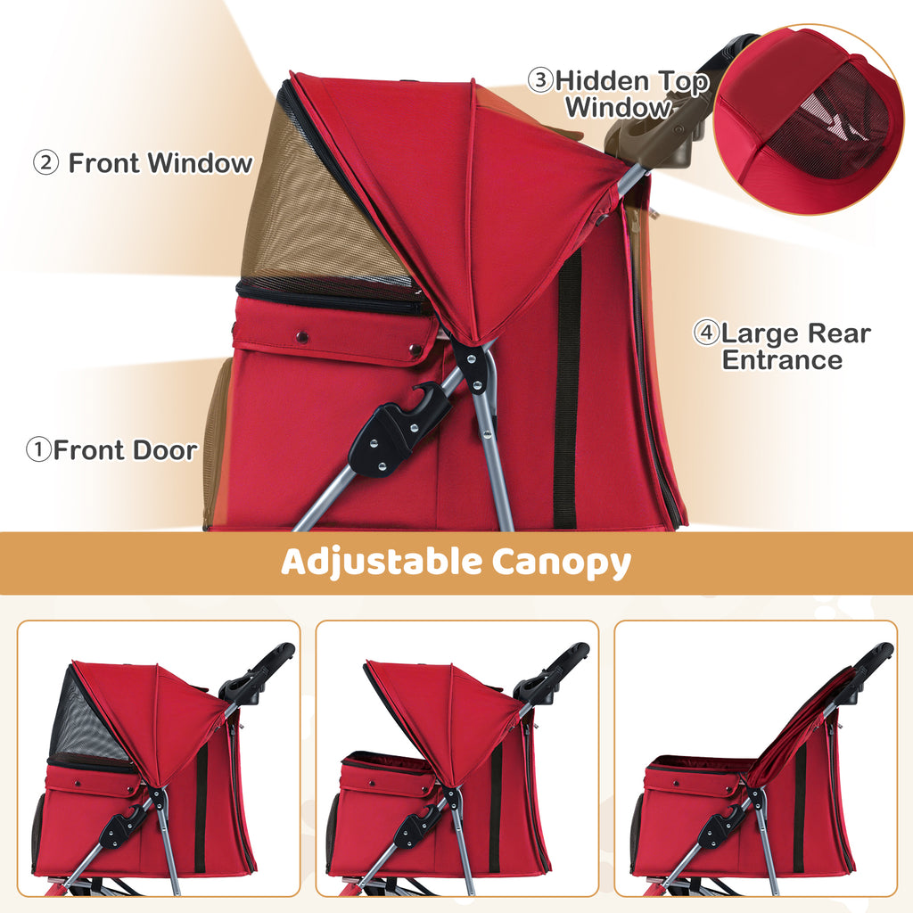 Pet Stroller with Adjustable Canopy and 3 Shock-absorbing Wheels-Red