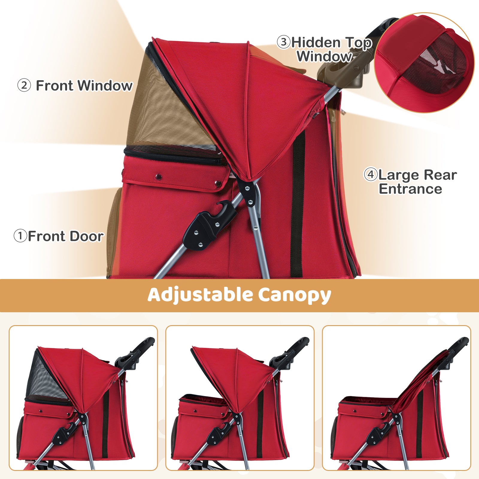 Pet Stroller with Adjustable Canopy and 3 Shock-absorbing Wheels-Red