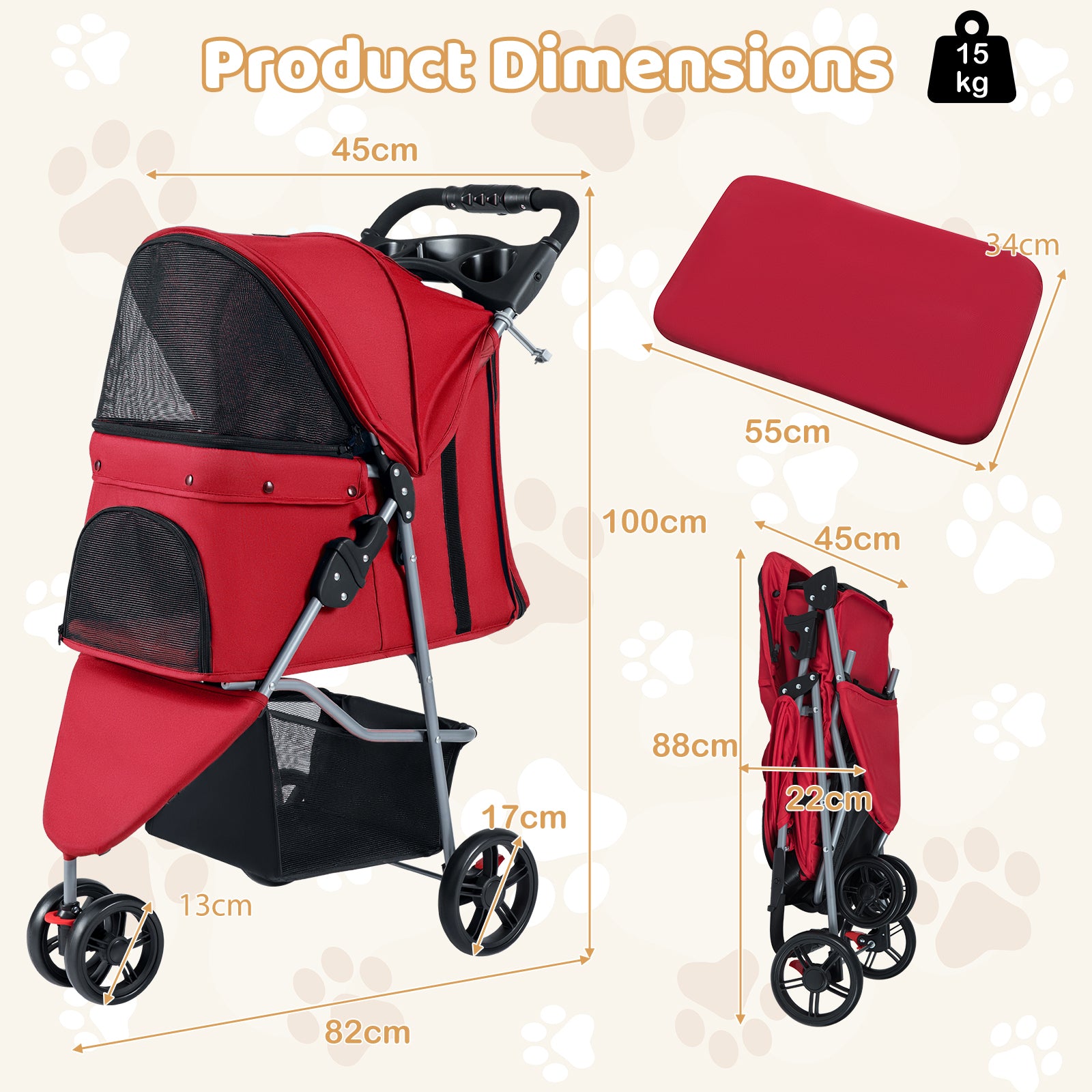 Pet Stroller with Adjustable Canopy and 3 Shock-absorbing Wheels-Red