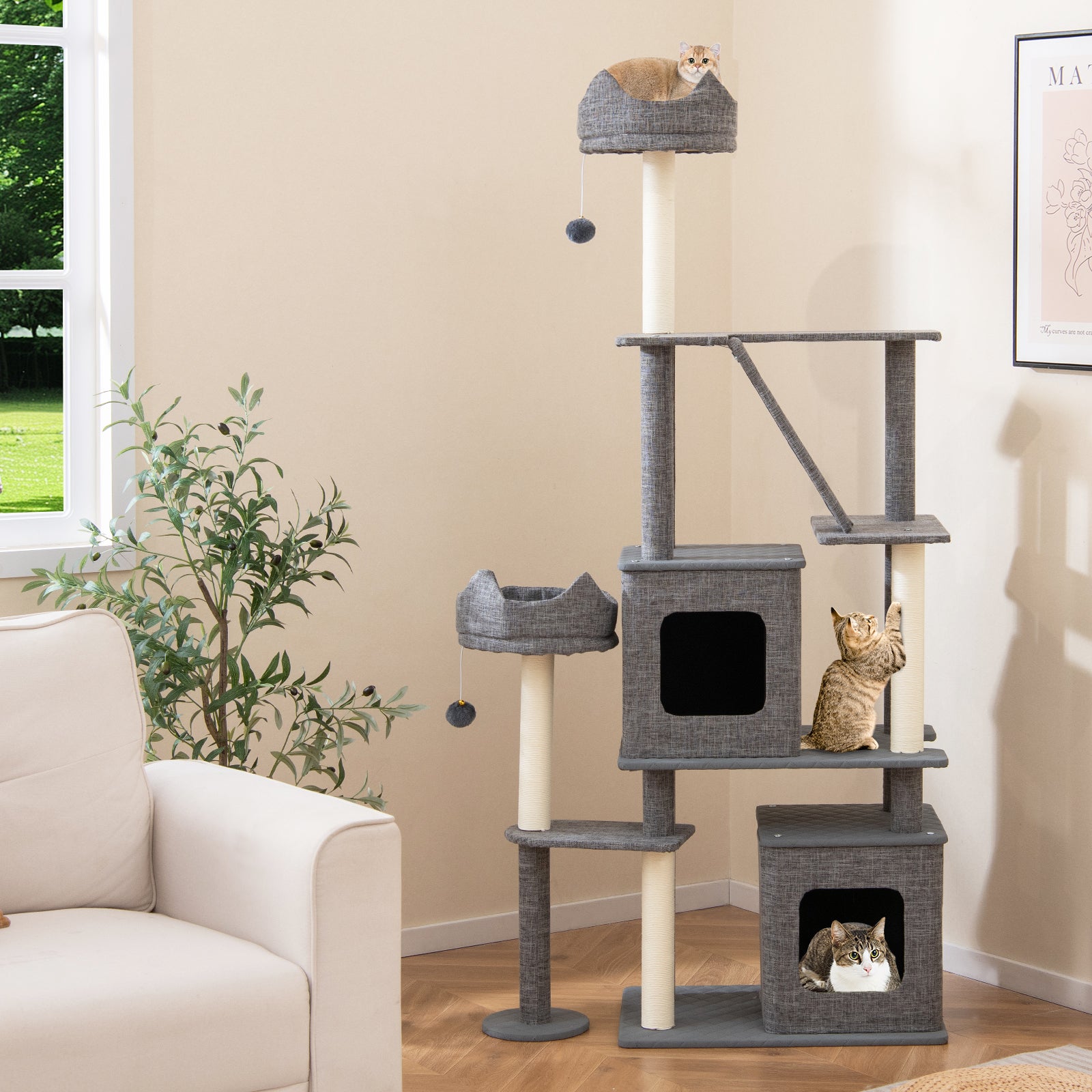 180CM Tall Cat Tree Multi-Level Large Cat Tower with Scratching Posts-Grey