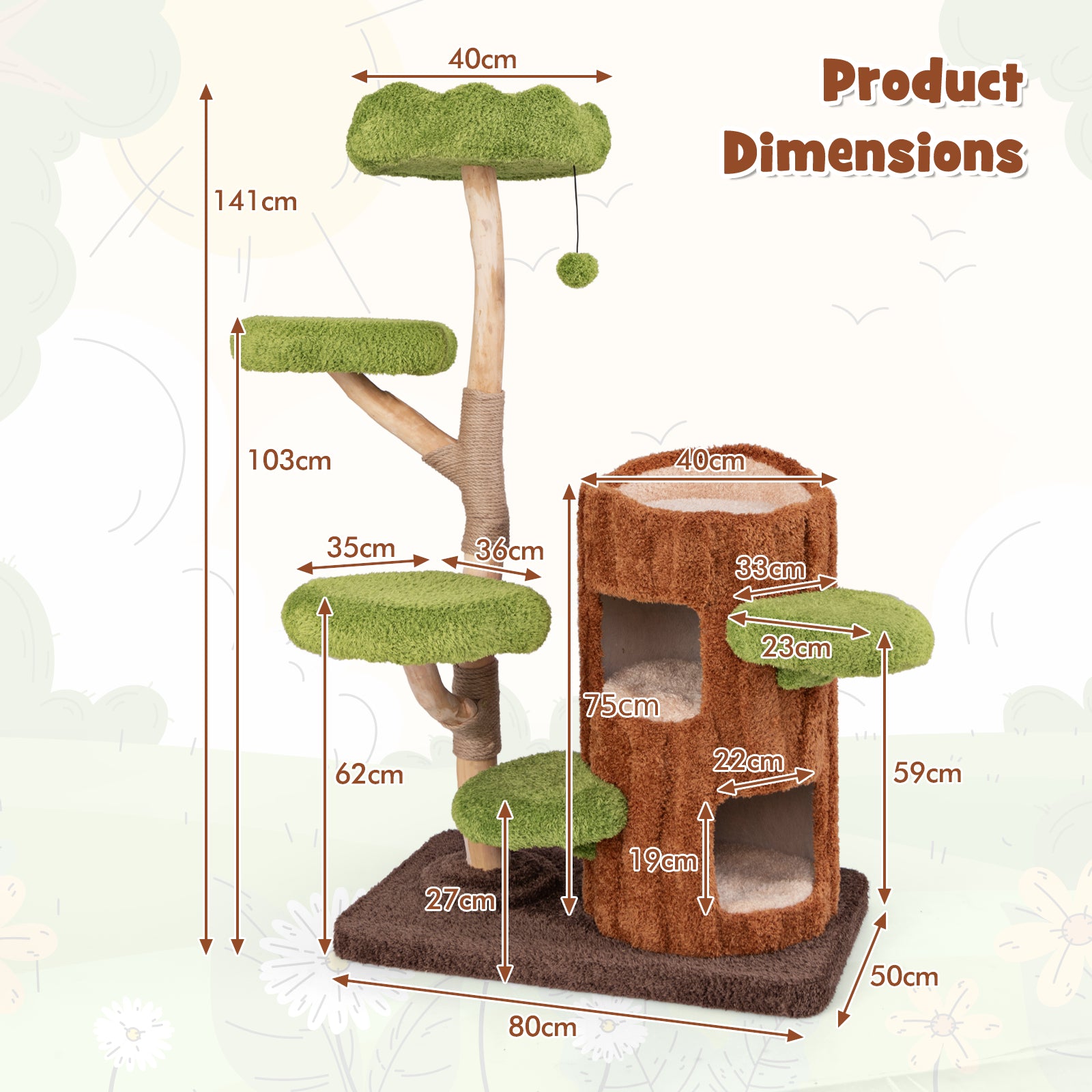 Multi-level Cat Tree Tree Hole Designed Cat Tower with Double Decker Cat House-Brown