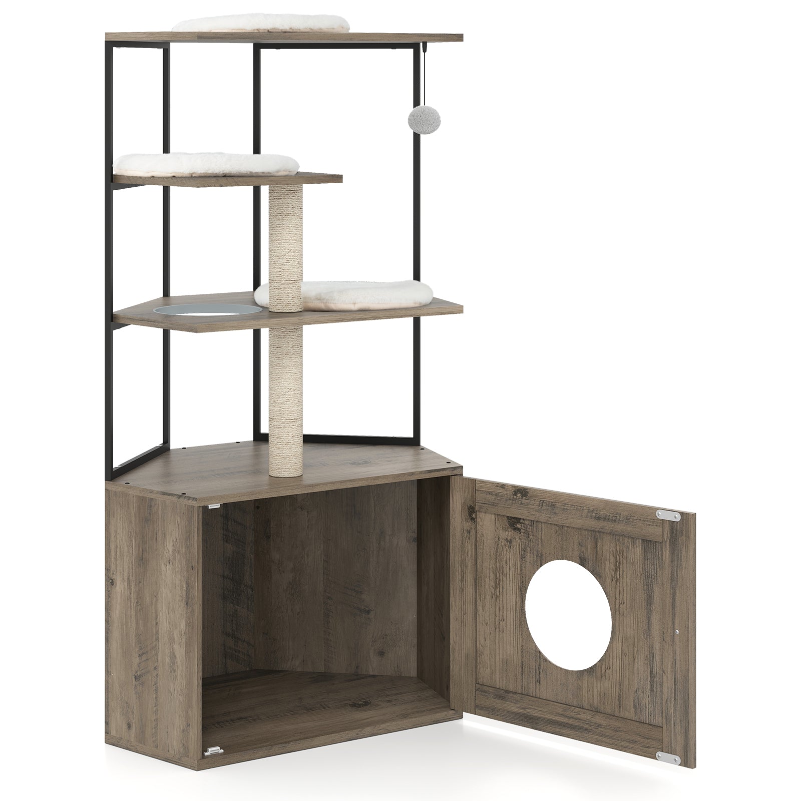 Cat Tree with Litter Box Enclosure with 2 Scratching Posts and 3 Mats-Brown