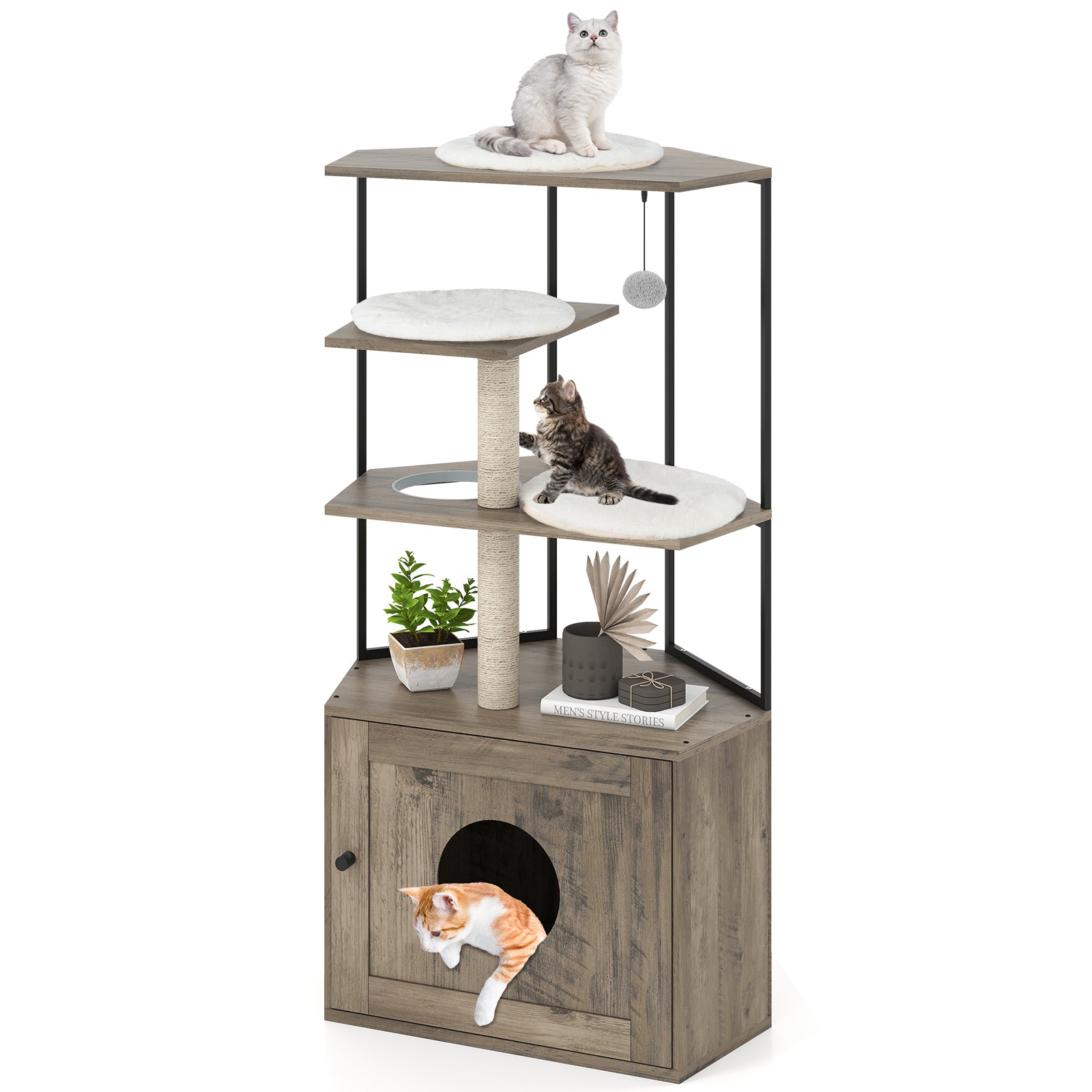 Cat Tree with Litter Box Enclosure with 2 Scratching Posts and 3 Mats-Brown
