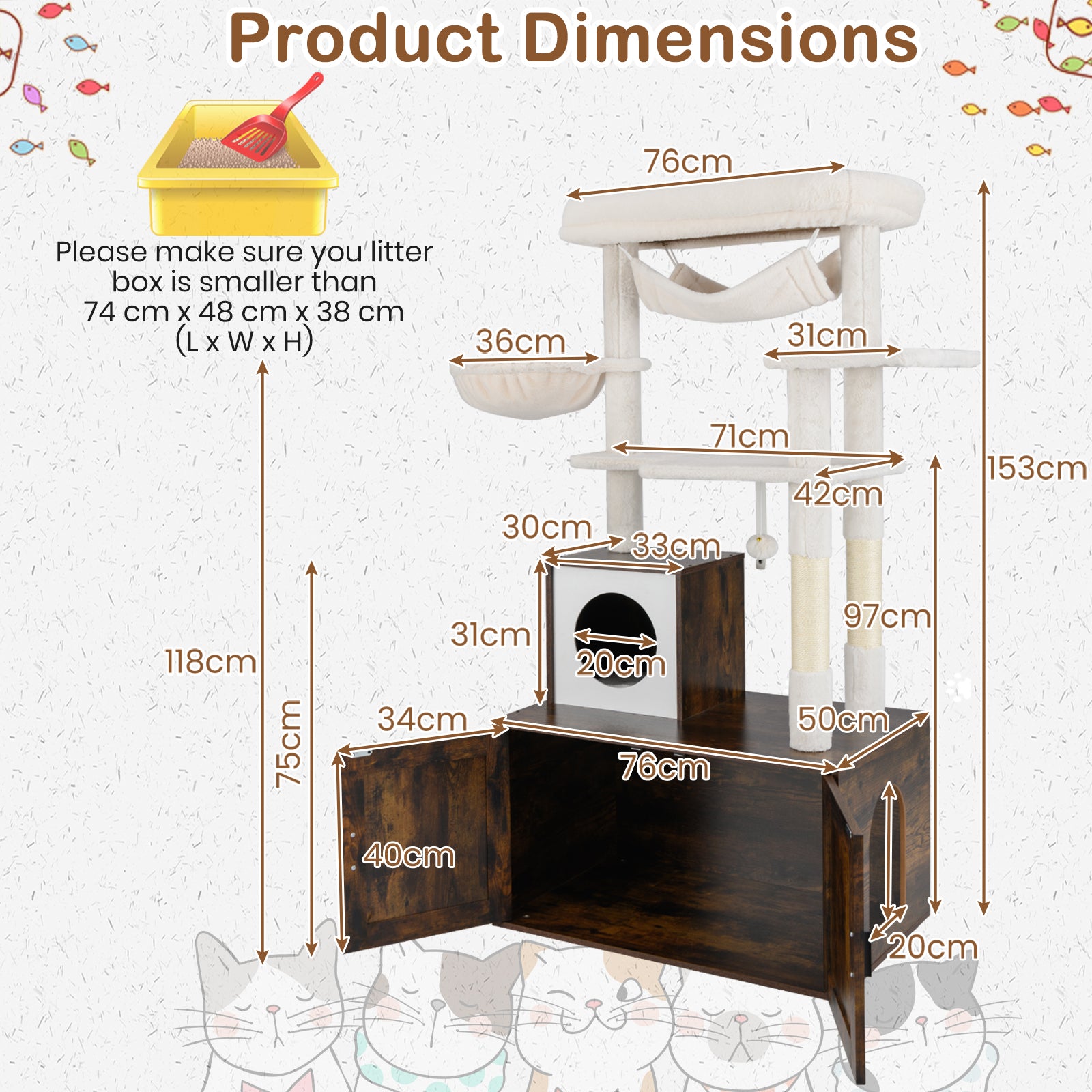 153cm Tall Cat Tree with Litter Box Enclosur Scratching Posts and Hammock-Rustic Brown