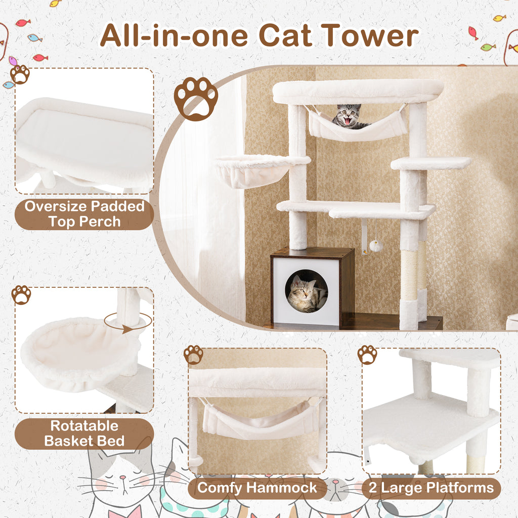 153cm Tall Cat Tree with Litter Box Enclosur Scratching Posts and Hammock-Rustic Brown