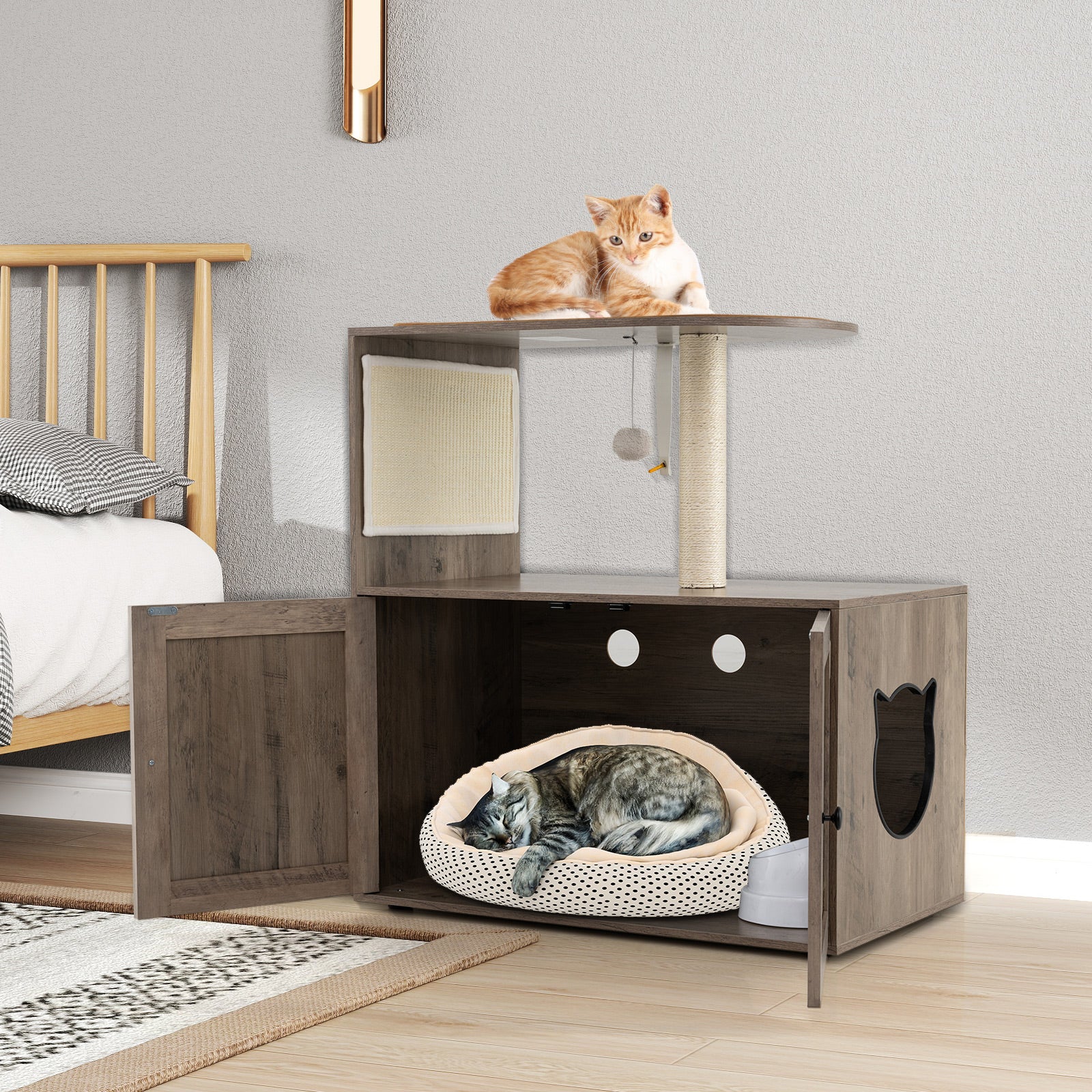 Cat Tree with Litter Box Enclosure 87CM Tall Wooden Cat Tower-Grey