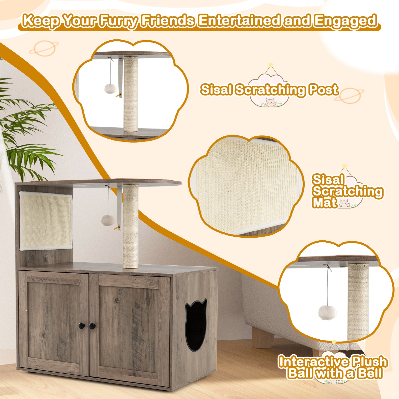 Cat Tree with Litter Box Enclosure 87CM Tall Wooden Cat Tower-Grey