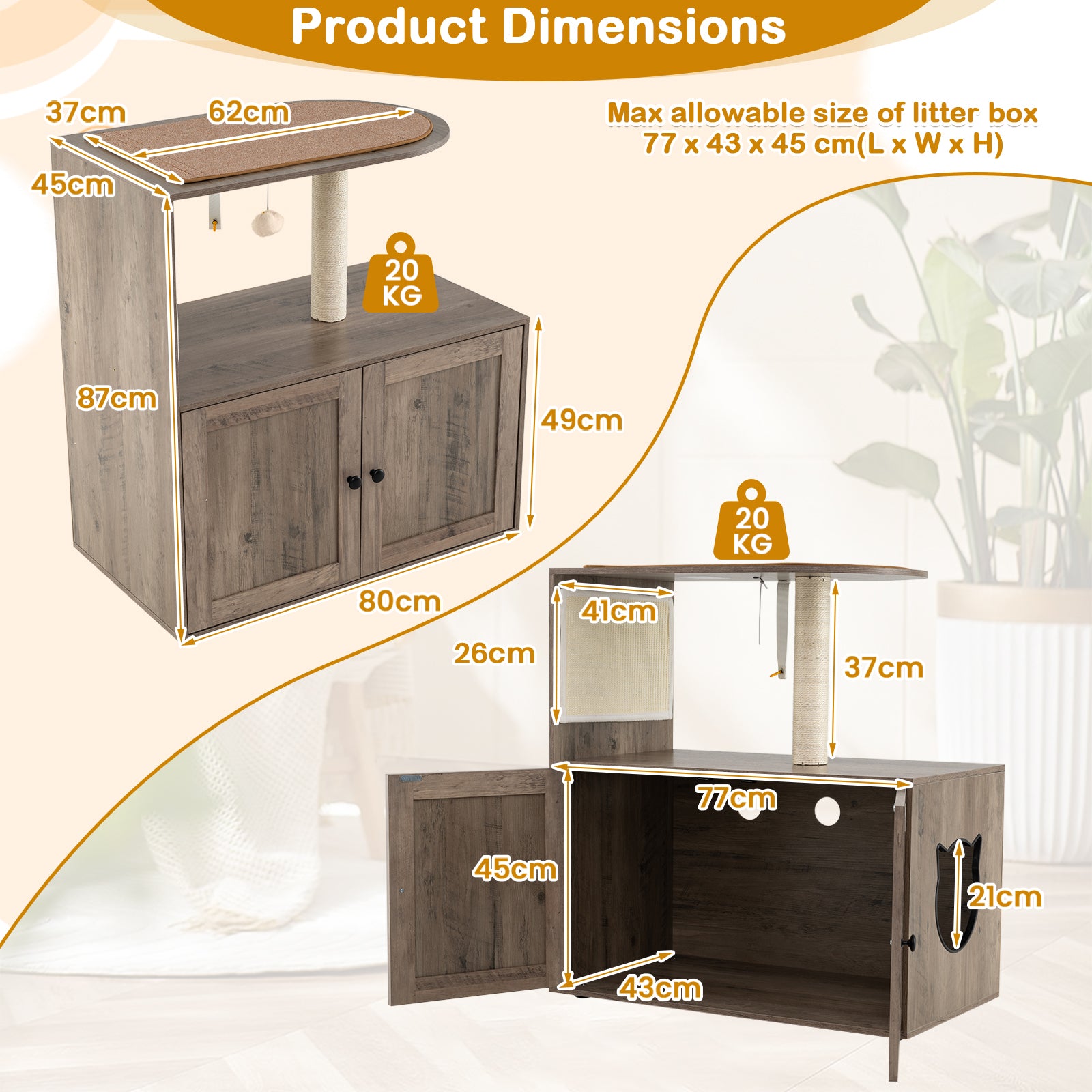 Cat Tree with Litter Box Enclosure 87CM Tall Wooden Cat Tower-Grey