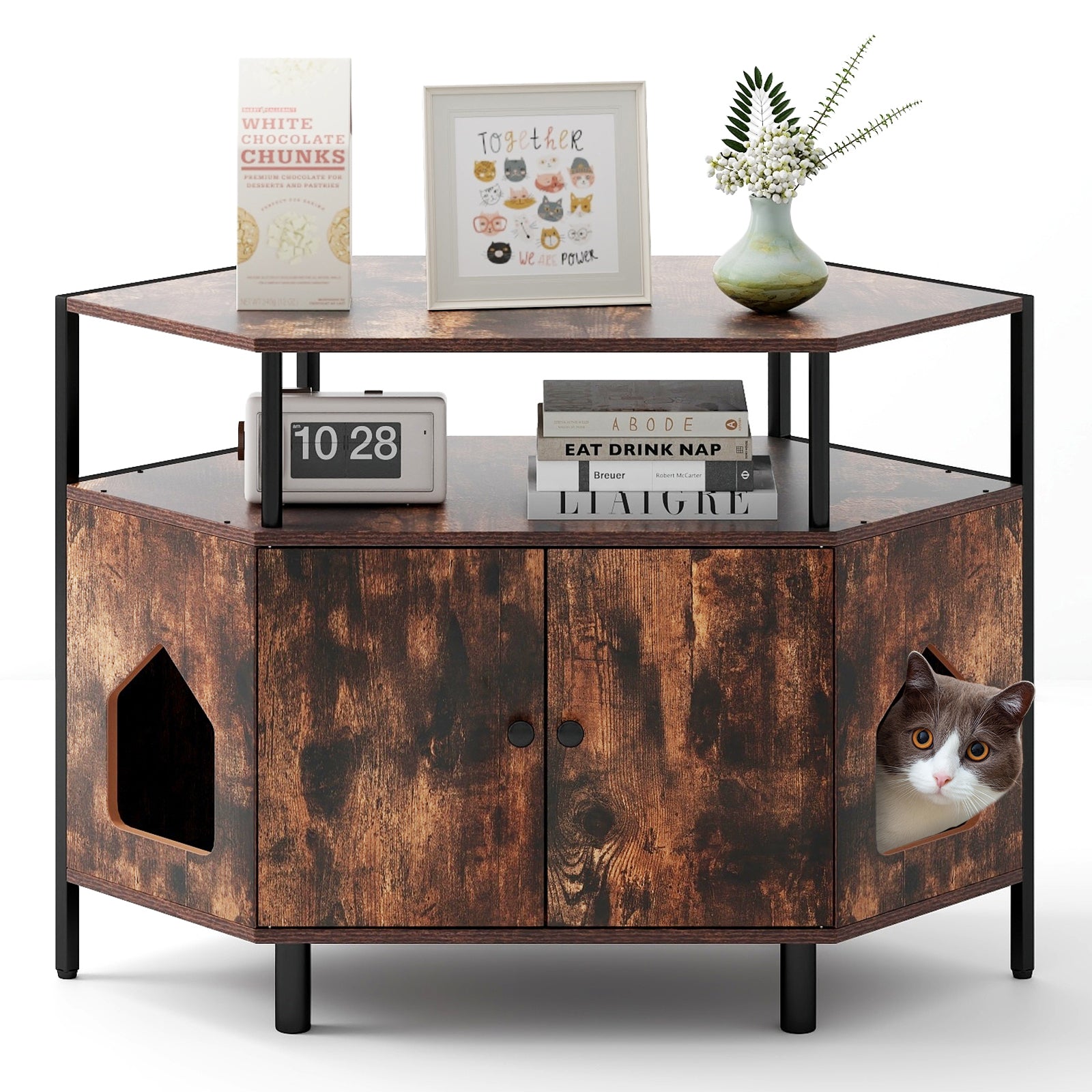 Corner Cat Litter Box Enclosure with Open Shelf-Rustic Brown