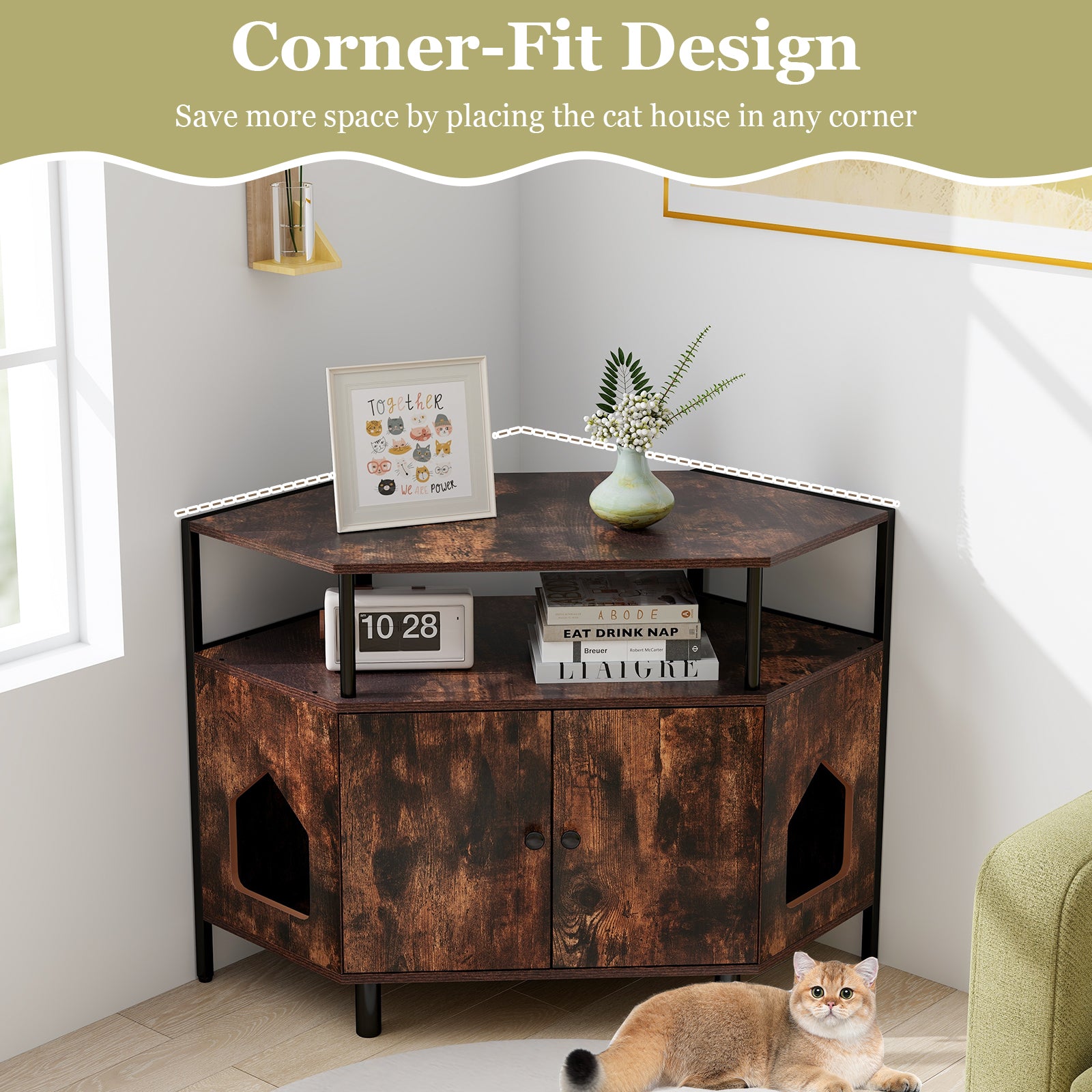 Corner Cat Litter Box Enclosure with Open Shelf-Rustic Brown