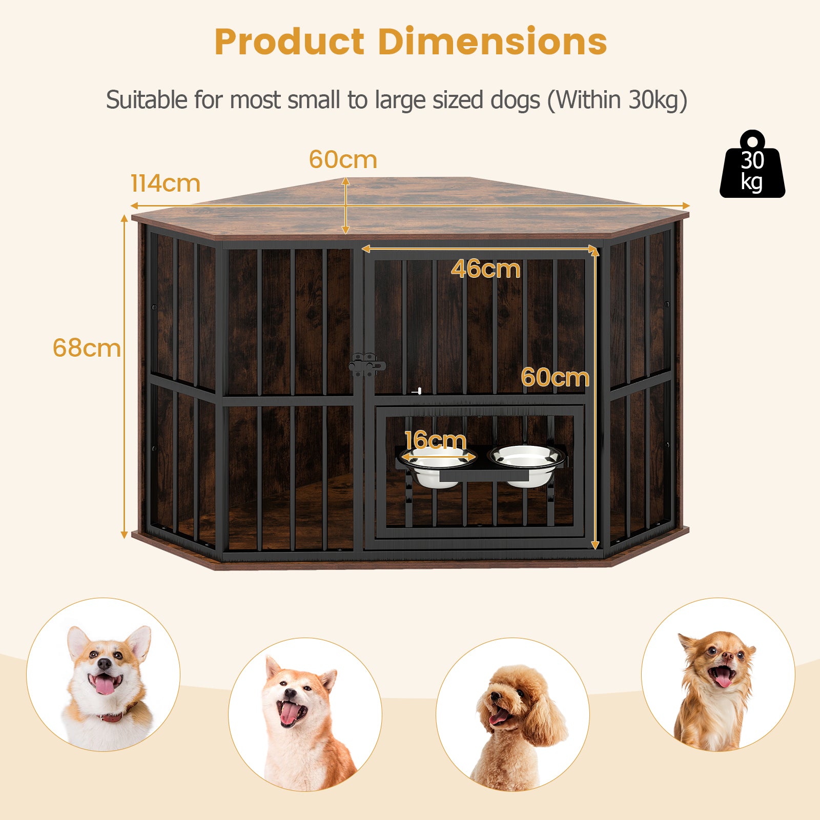 Corner Dog Crate Space Saving Dog Cage with Adjustable Feeder-Coffee