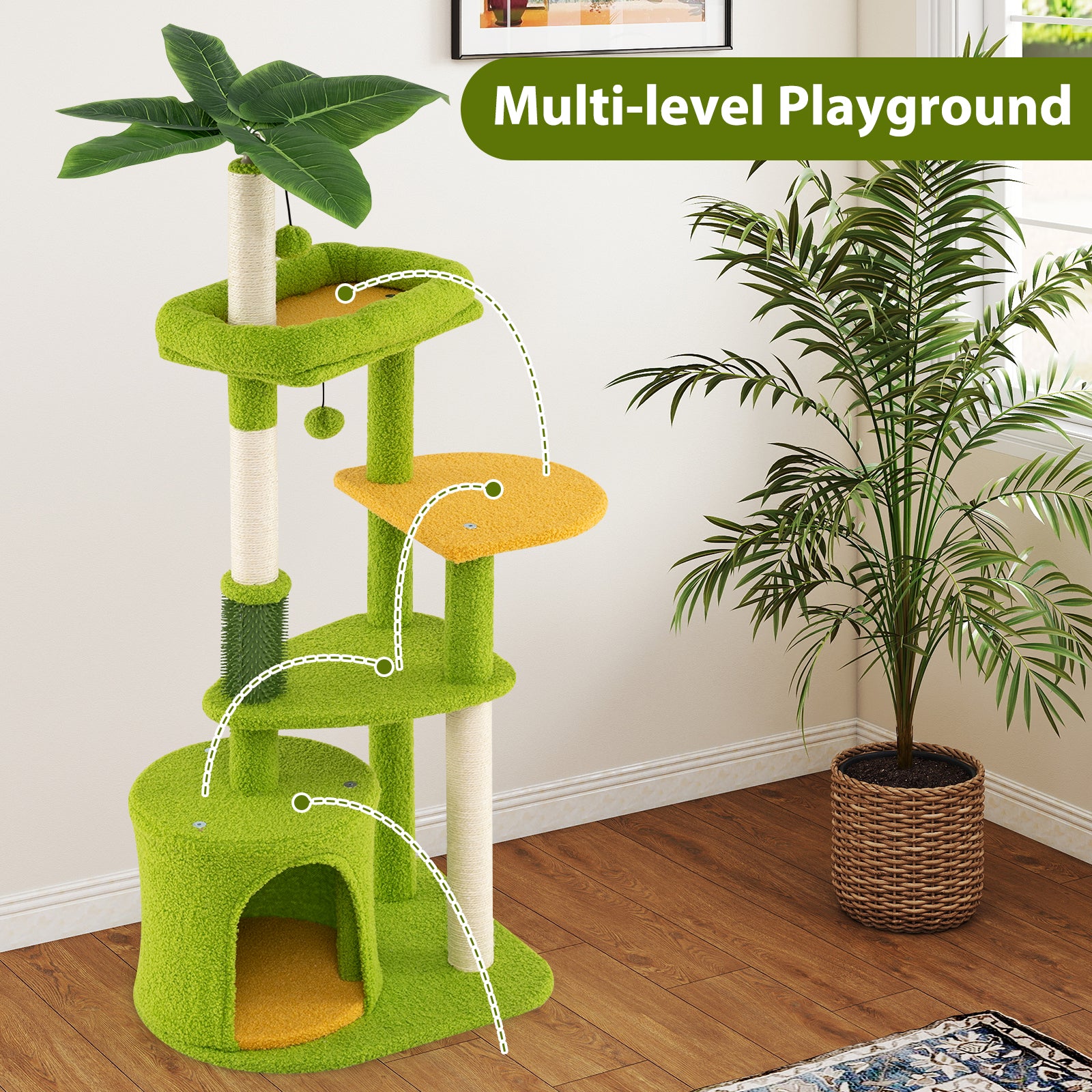 Cute Cat Tree for Adult Cats Multi-level Kitty Tower with Artificial Leaves-Green