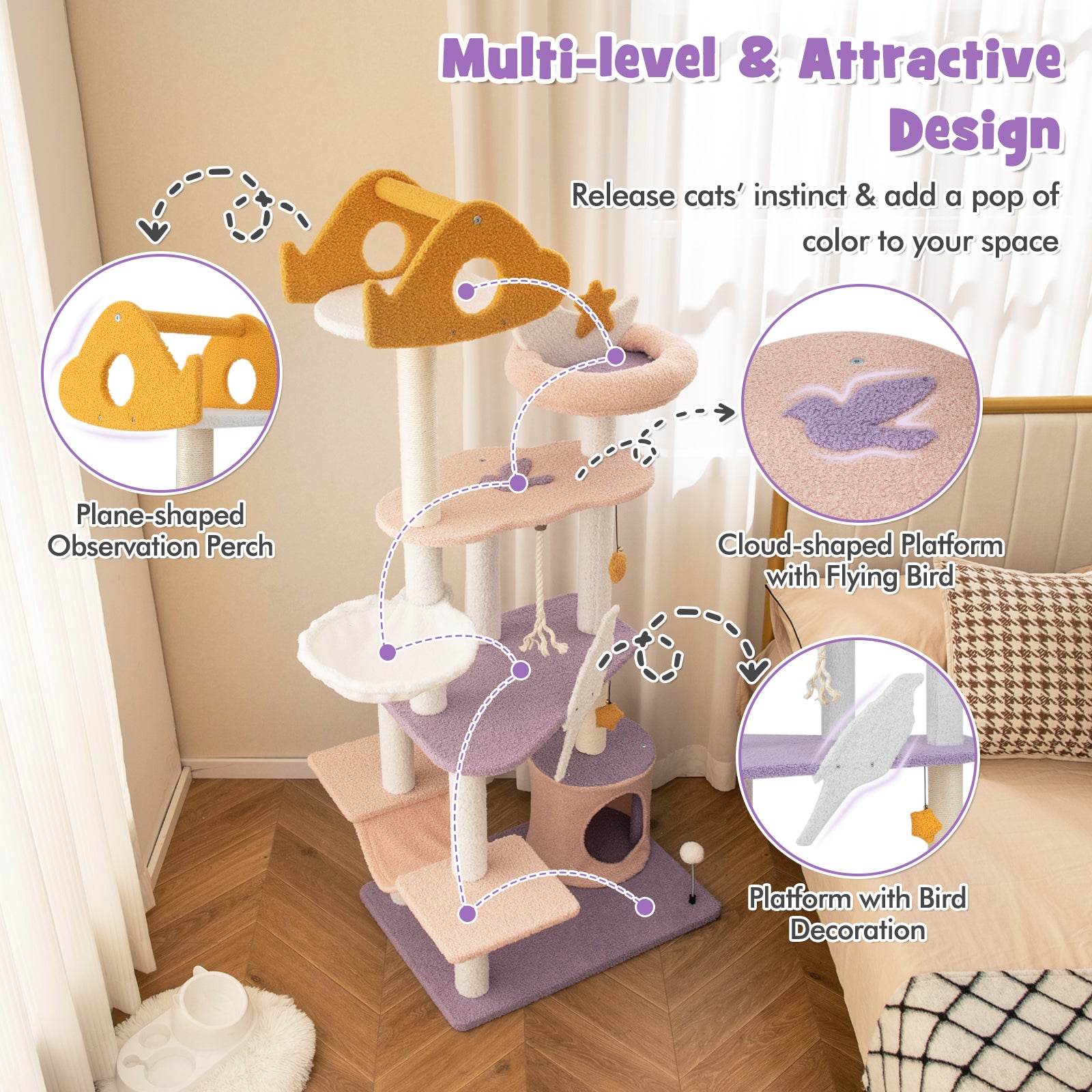 167 cm Multilevel Tall Cat Tower with Sisal Covered Scratching Posts-Purple