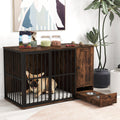 120CM Dog Crate Furniture with Hidden Pull-out Bowls in Drawer-Rustic Brown