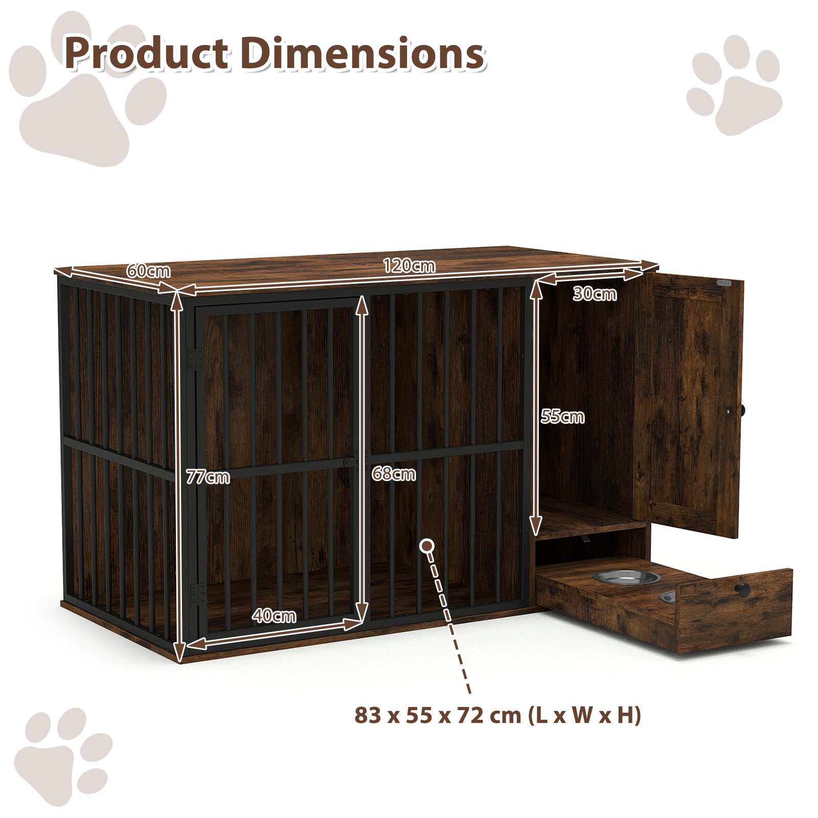 120CM Dog Crate Furniture with Hidden Pull-out Bowls in Drawer-Rustic Brown