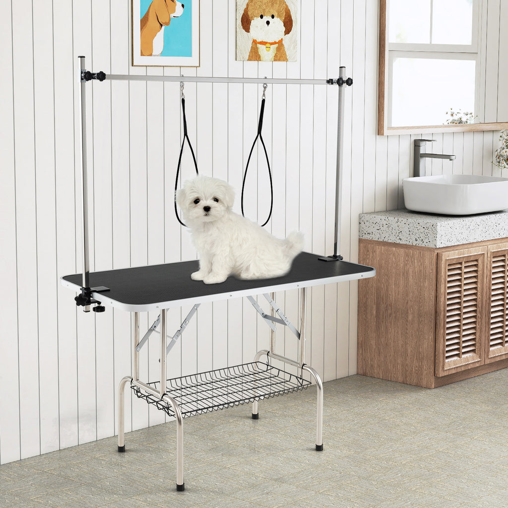 Foldable Dog Grooming Table with Height Adjustable Arms and Mesh Tray-Black