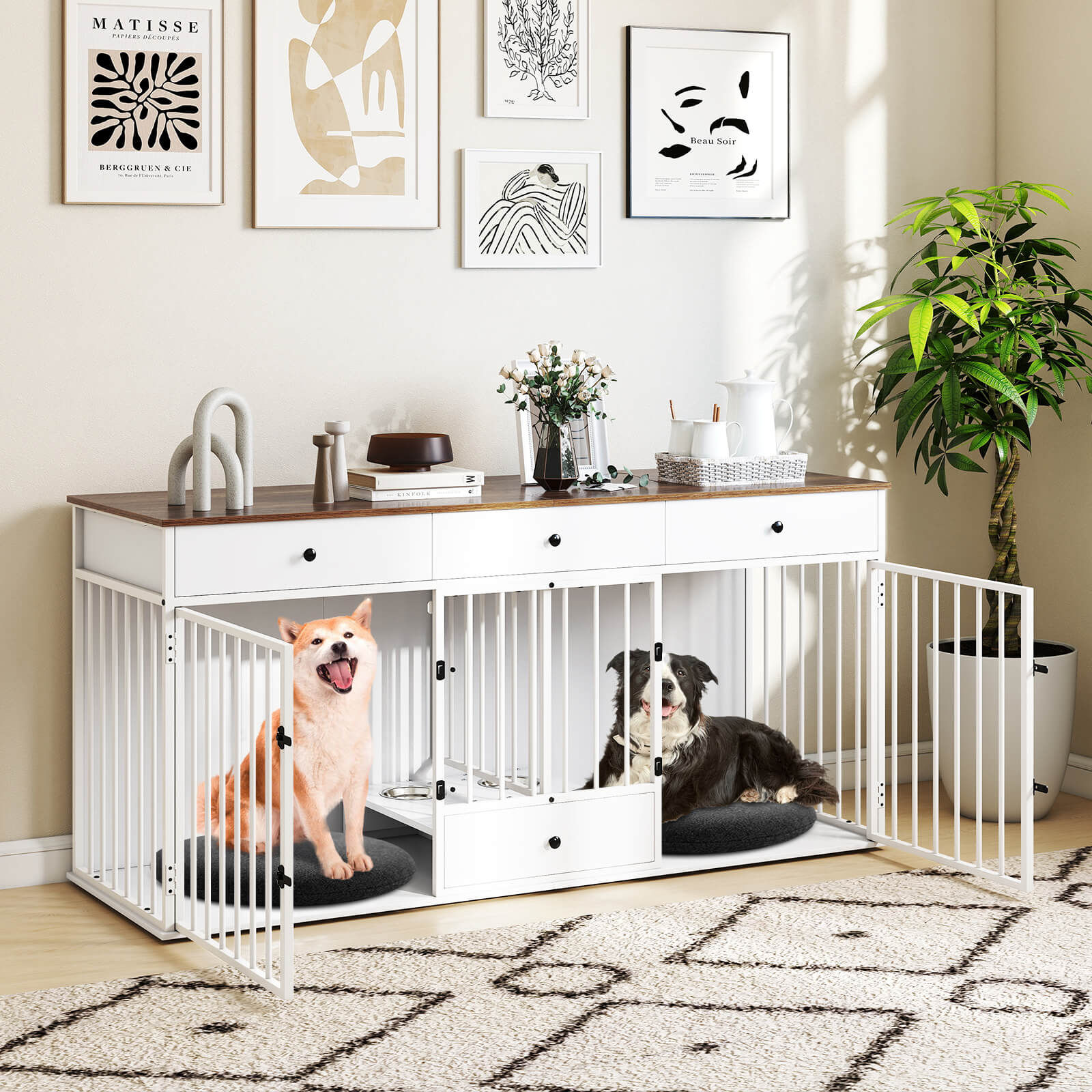 Double Dog Crate Furniture Dog Kennel with Pull-out Feeder and 3 Drawers-White