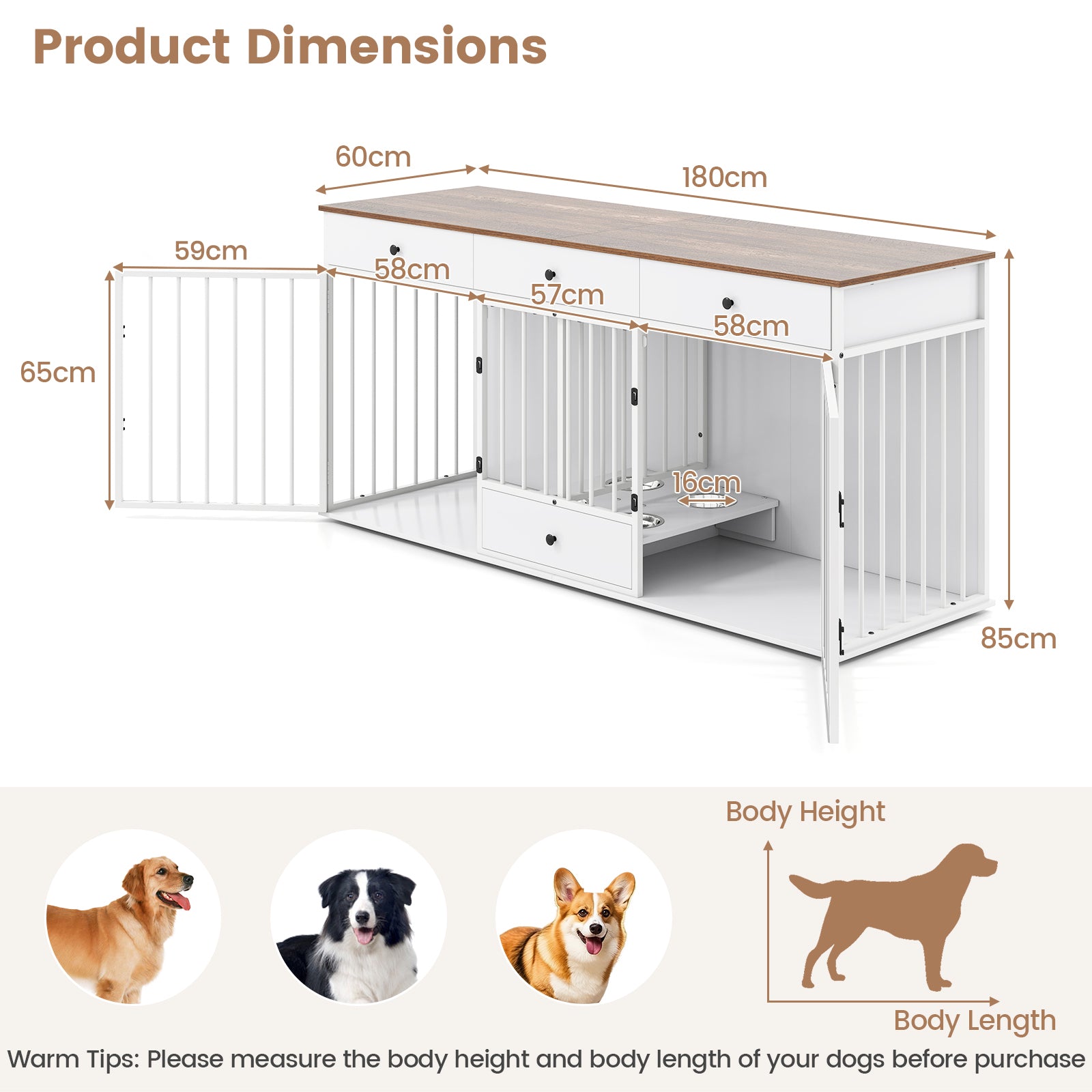 Double Dog Crate Furniture Dog Kennel with Pull-out Feeder and 3 Drawers-White