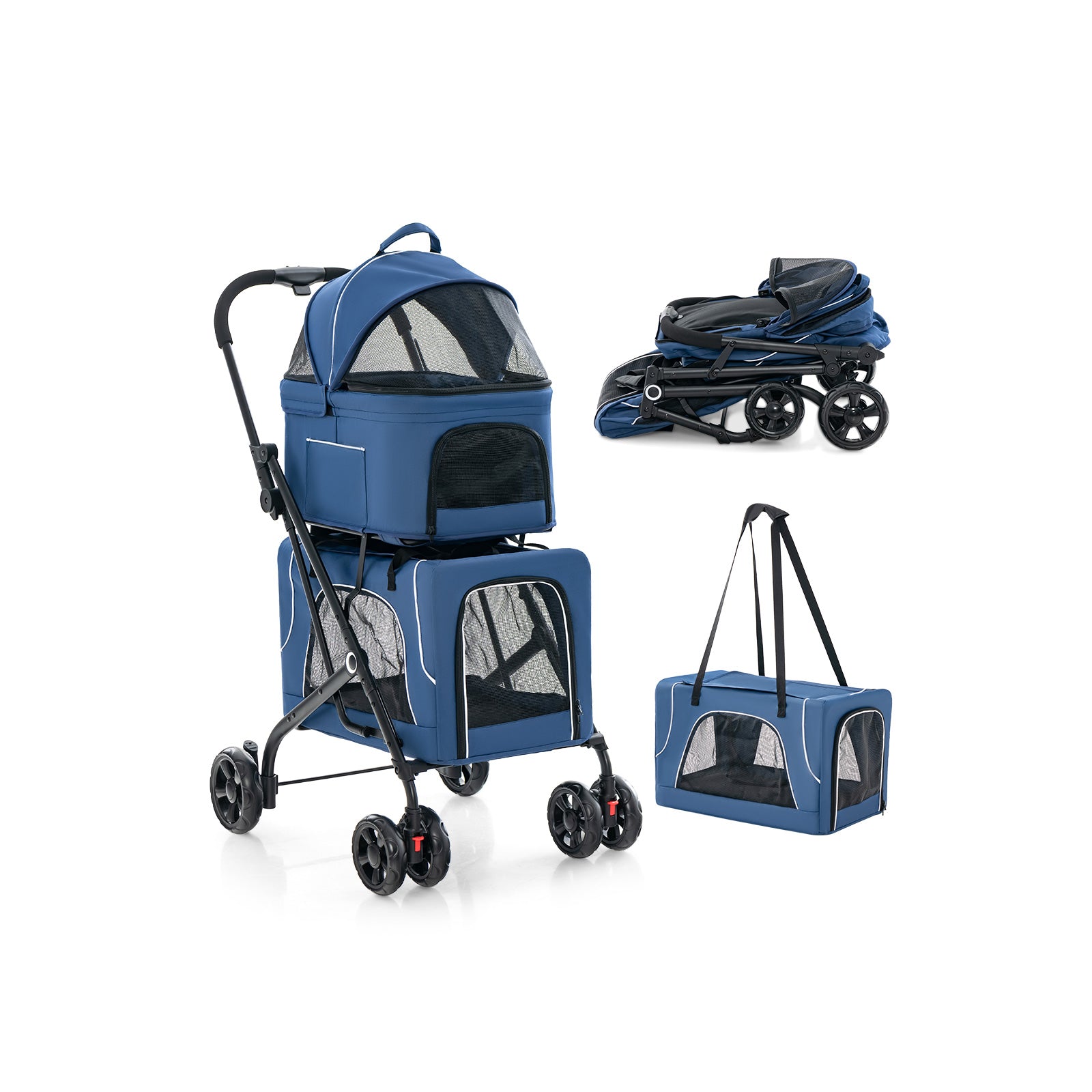 Foldable Double Pet Stroller with Detachable Carriers-Blue