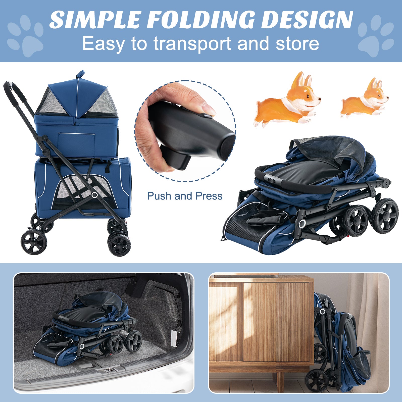 Foldable Double Pet Stroller with Detachable Carriers-Blue