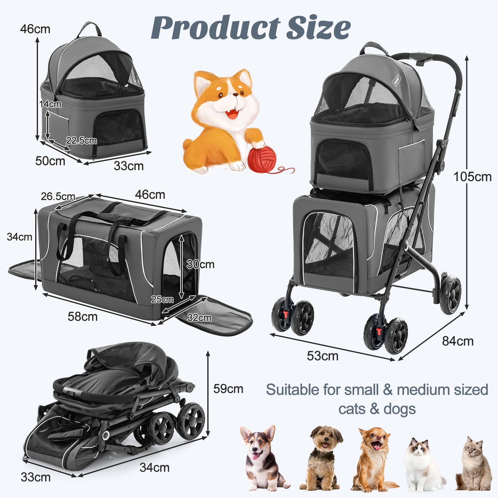 Foldable Double Pet Stroller with Detachable Carriers-Grey