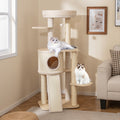 Extra Large Wooden Cat Tree with Cat Condo and Washable Cushions-Natural