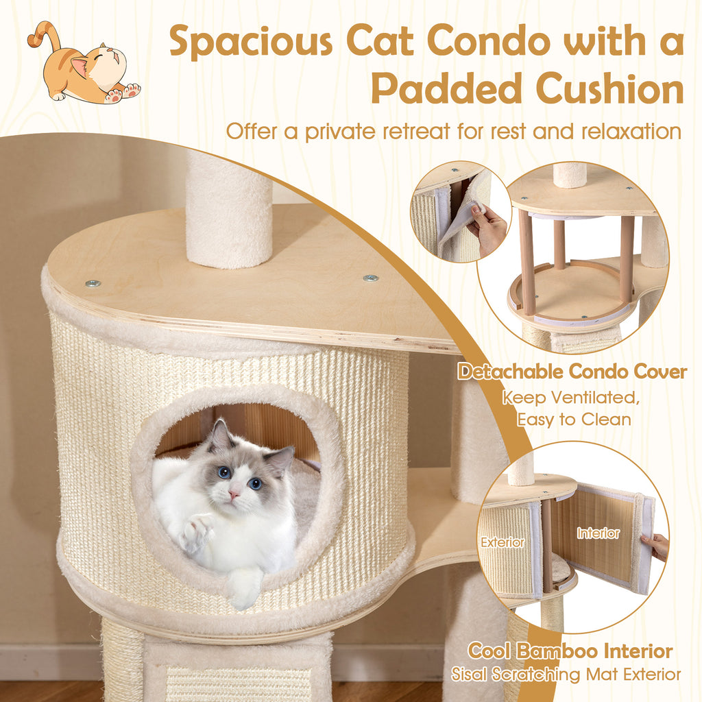 Extra Large Wooden Cat Tree with Cat Condo and Washable Cushions-Natural