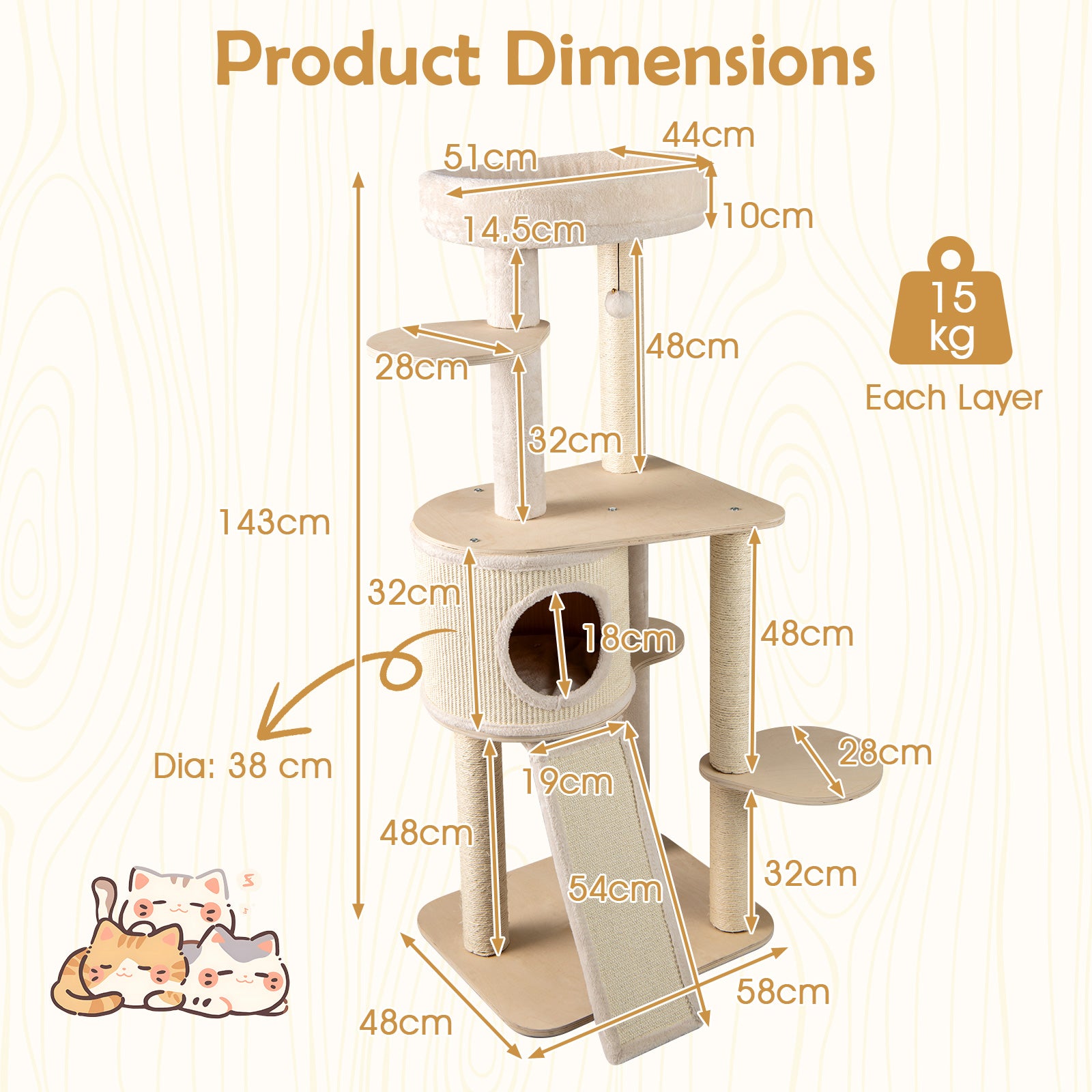 Extra Large Wooden Cat Tree with Cat Condo and Washable Cushions-Natural