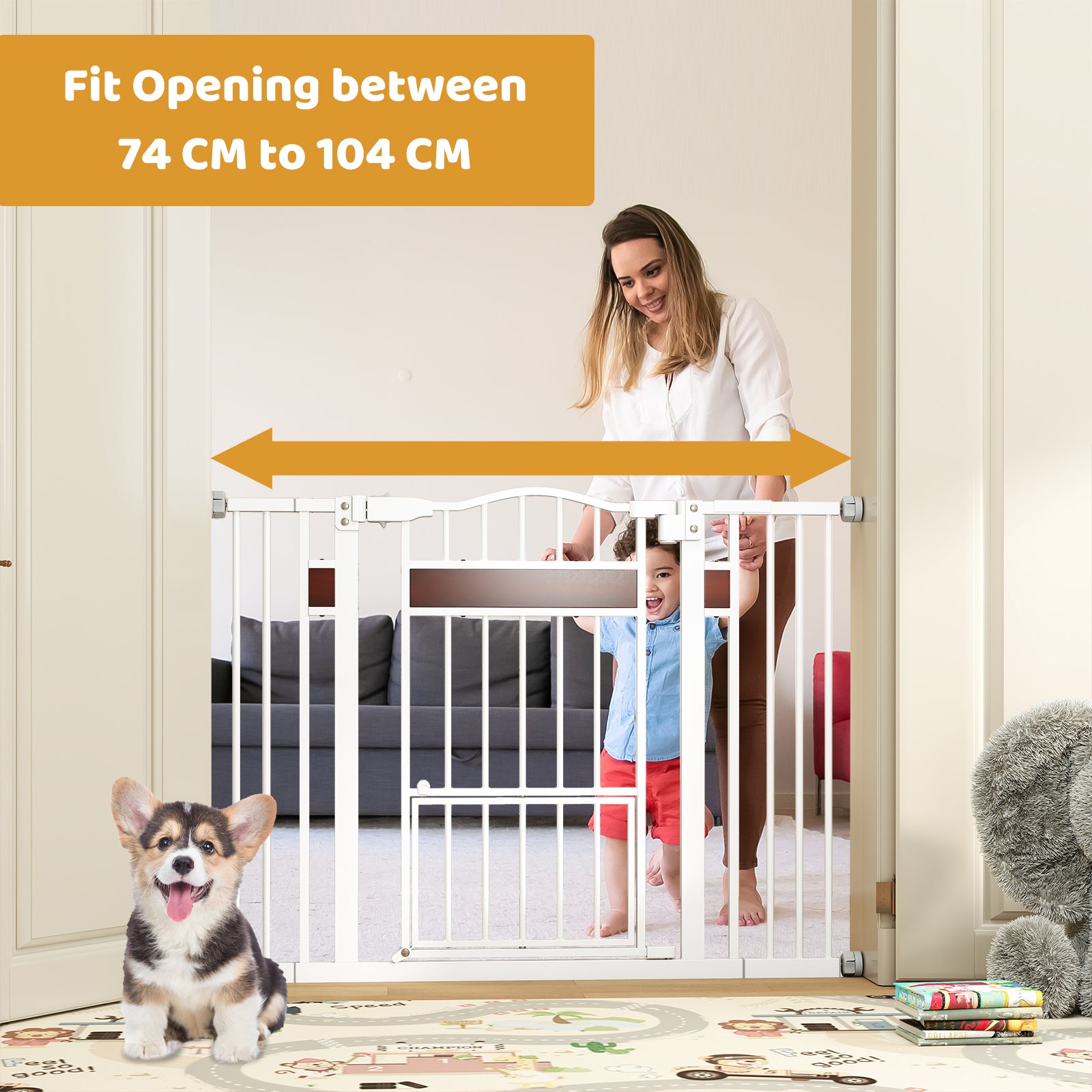 Extra Wide Walk Through Pet Gate for 74-104 cm Openings-White