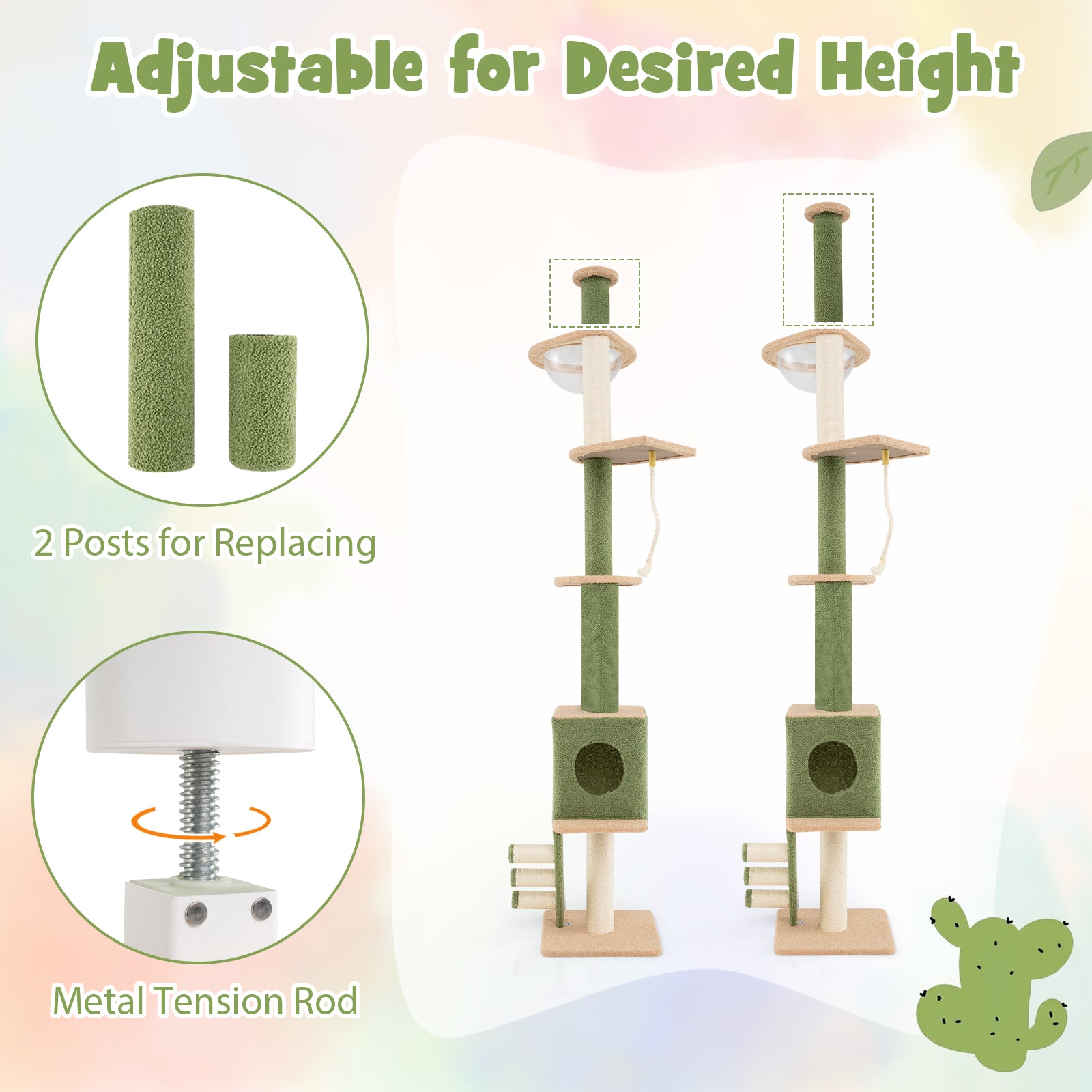 Floor to Ceiling Cat Tree with 218-270 cm Adjustable Height-Green