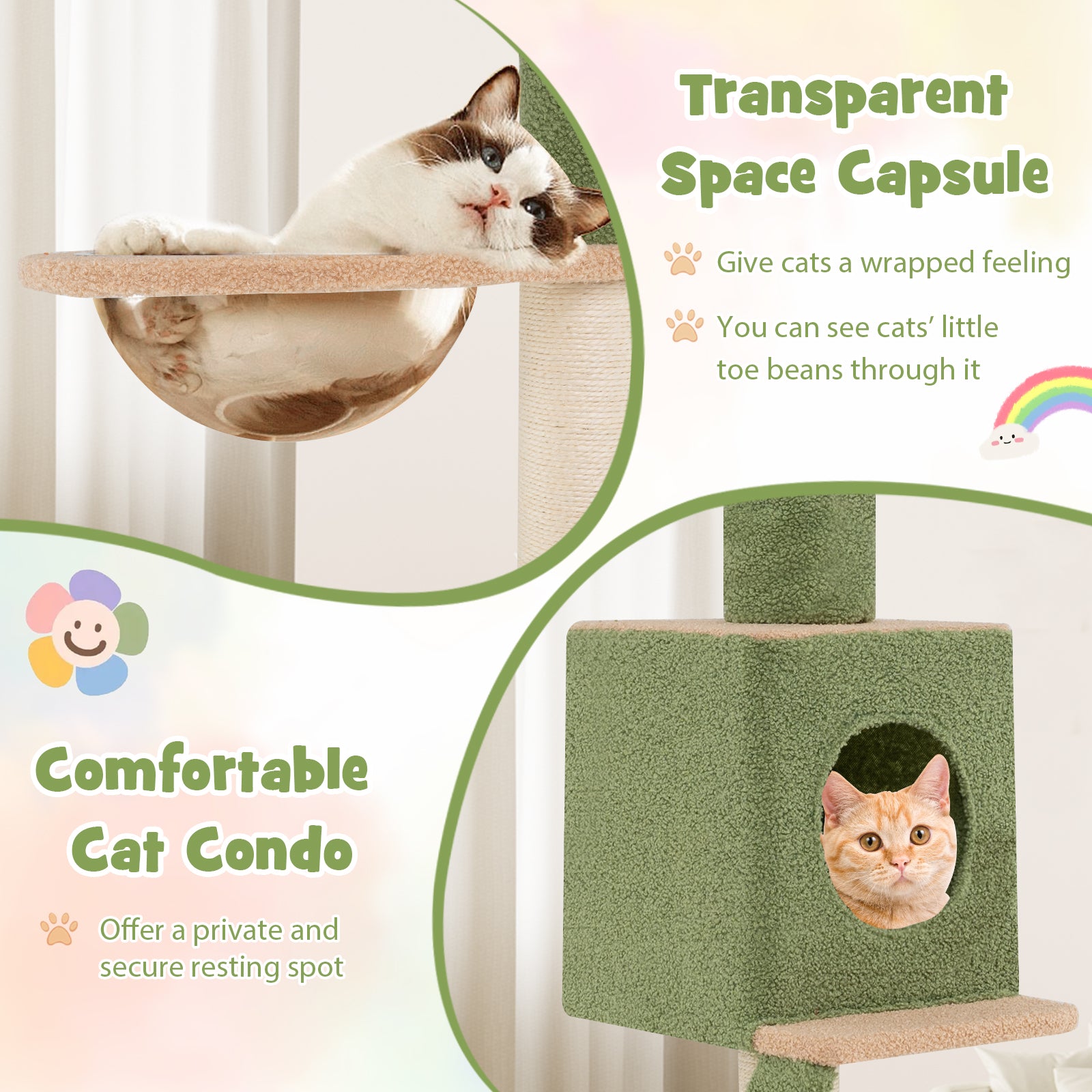 Floor to Ceiling Cat Tree with 218-270 cm Adjustable Height-Green