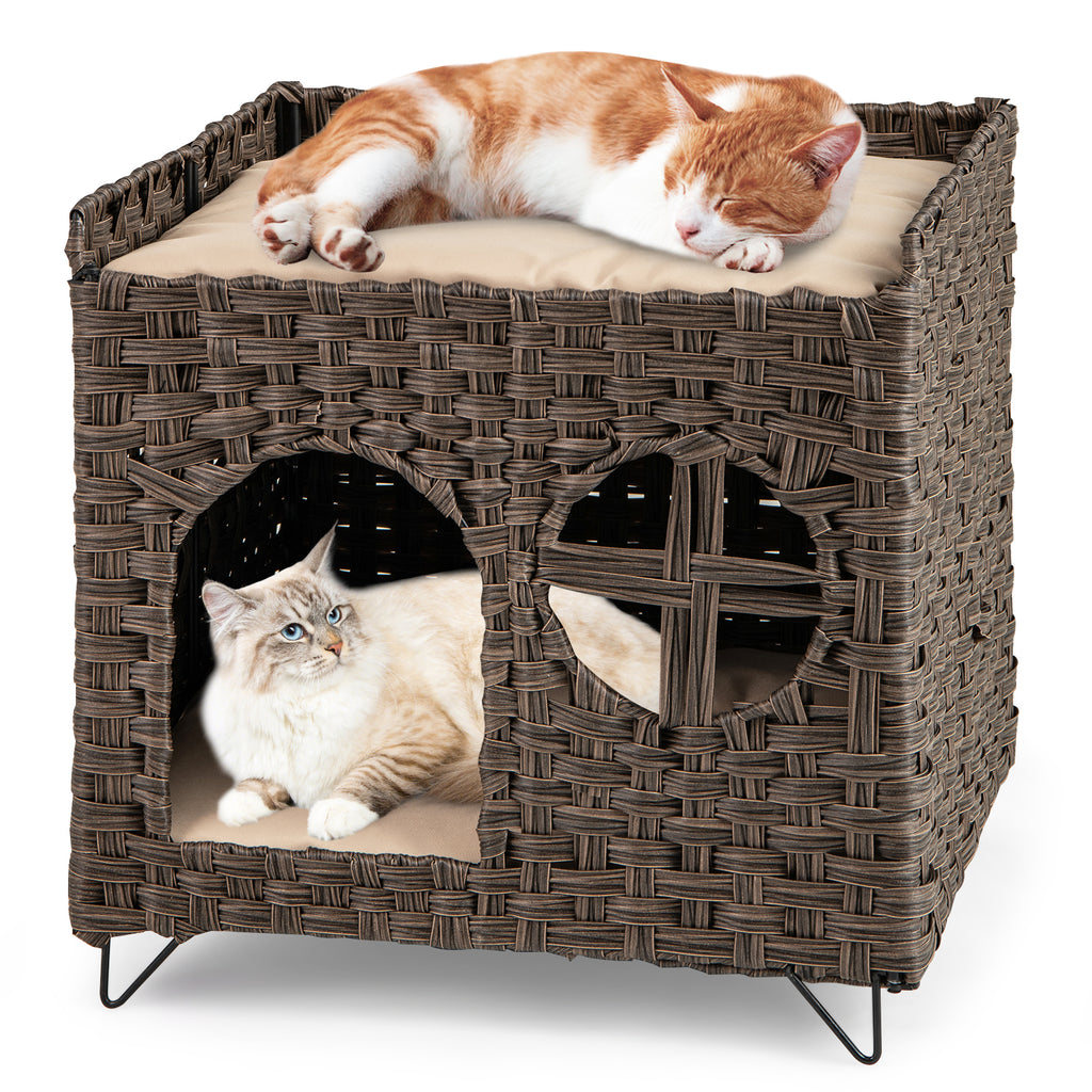Foldable 2-tier Rattan Cat House Wicker Kitten Condo Indoor Pet Furniture Side Table-Brown